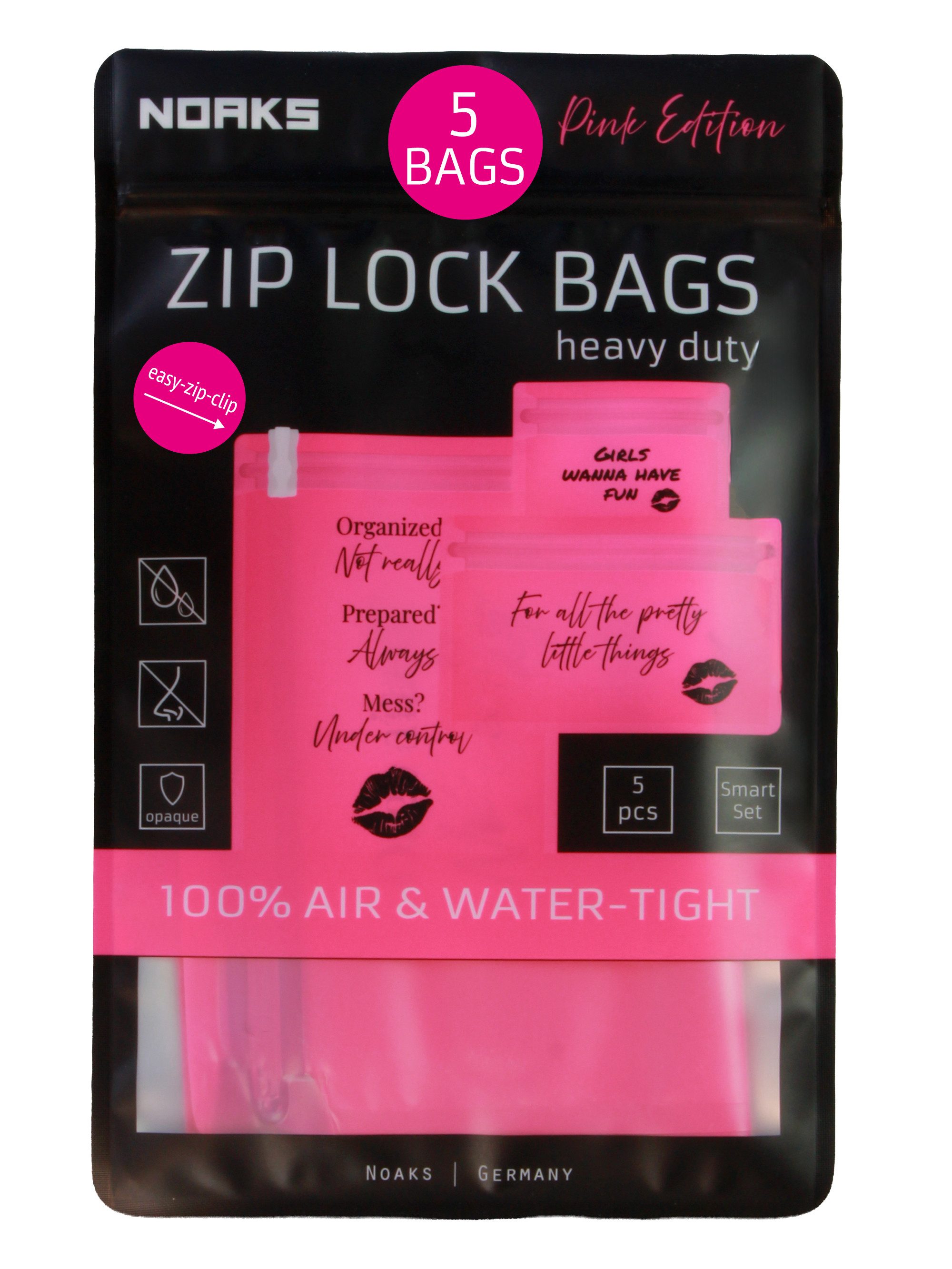 Noaks Taschenorganizer Noaks Bags, geruchsdichte & wasserdichte Zip Beutel, (Smart Set 5-tlg., mit Zip-Clip), Nasstasche mit Beschriftungsfeld