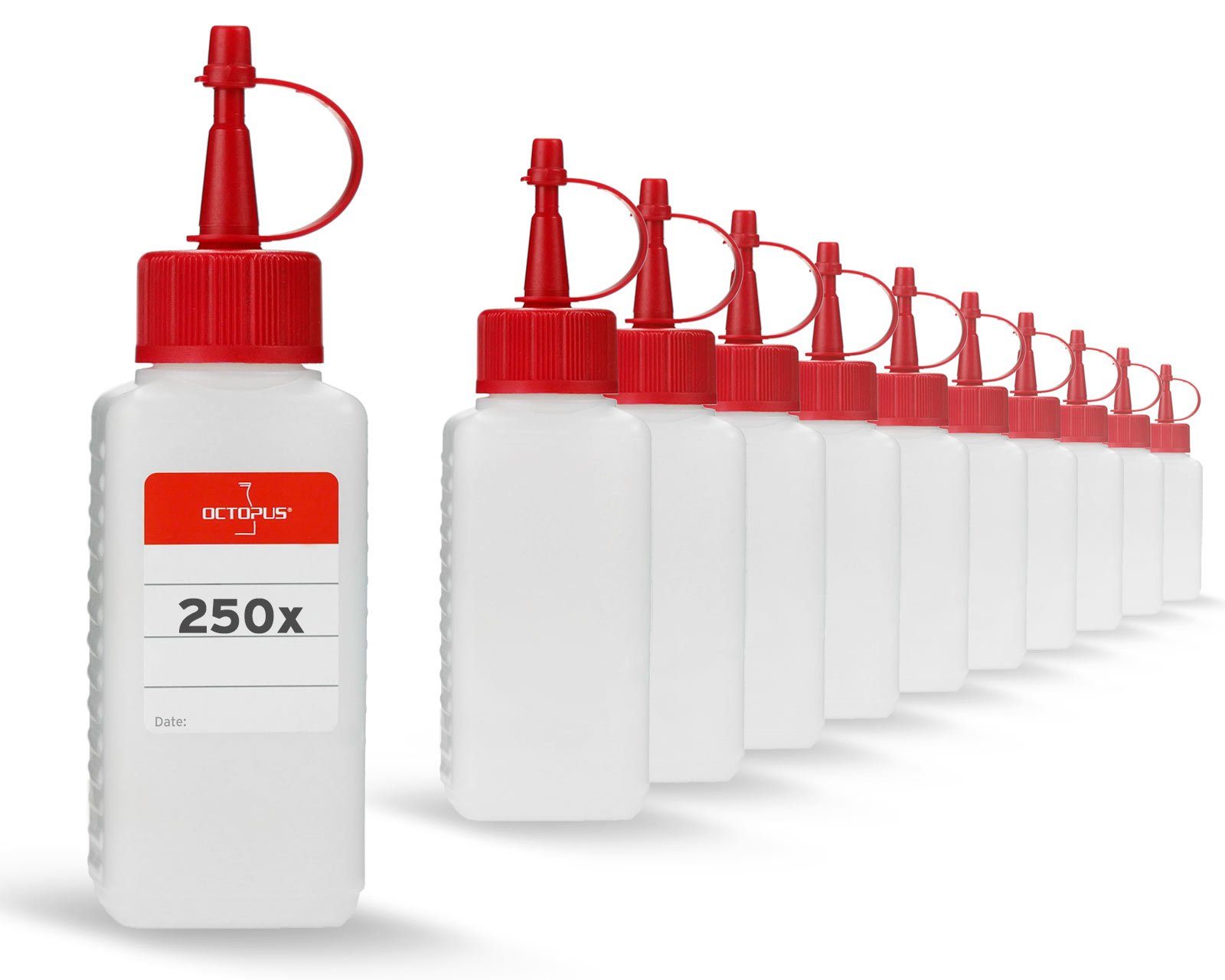 OCTOPUS Kanister 250 Plastikflaschen 100 ml mit roten Spritzverschlüssen (leer) (250 St)