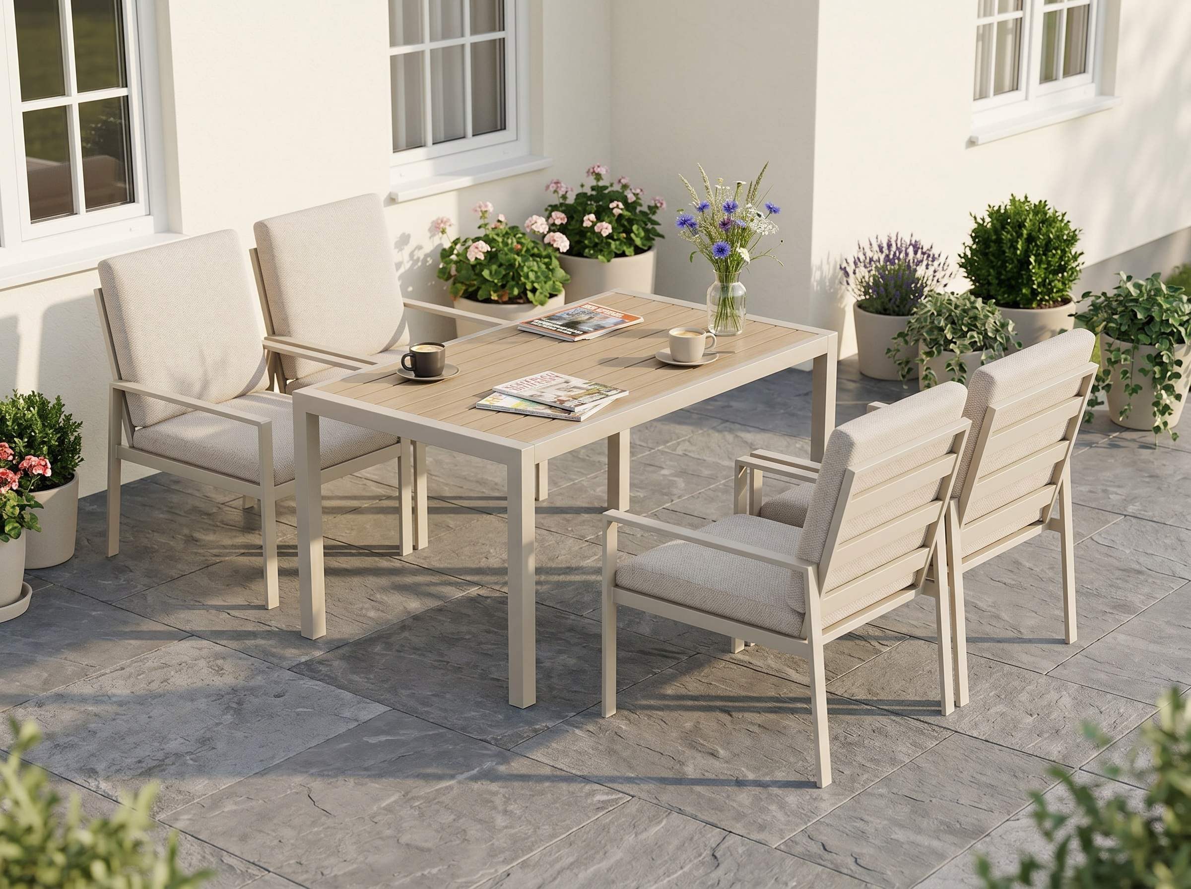 MeXo Gartenlounge-Set Gartenmöbel Set Aluminium Outdoor, (Garten-Essgruppe für 4 Personen, 5-tlg., mit Polywood Tisch & Auflagen), wetterfest für Terrasse & Garten