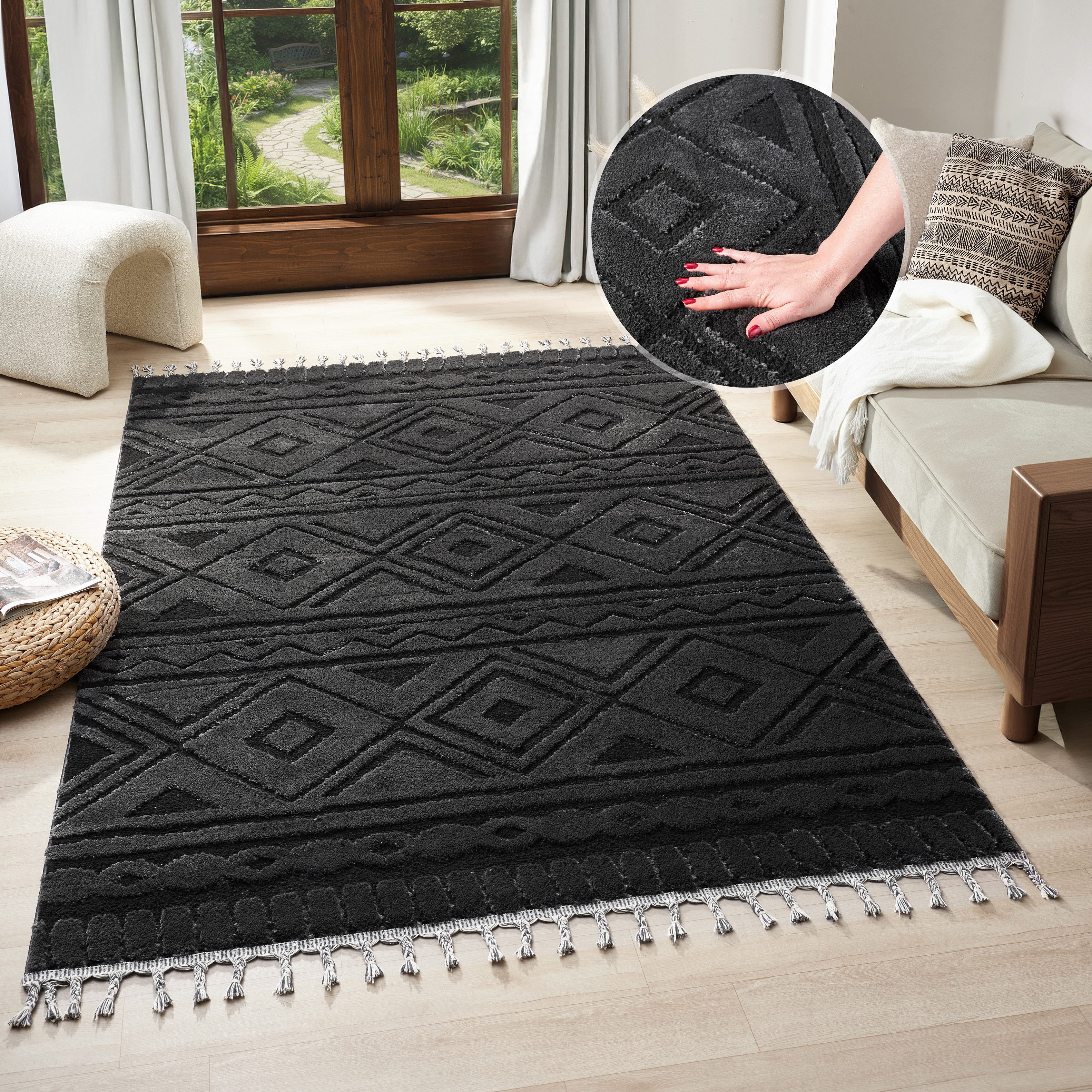 OTTO home Teppich Bonvo, rechteckig, Höhe: 19 mm, mit Fransen, Hoch-Tief-Struktur, Wohnzimmer, Schlafzimmer, Boho-Style