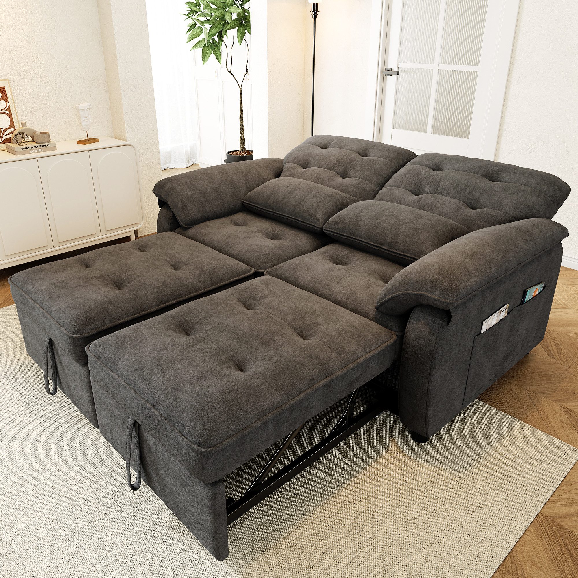Odikalo 2-Sitzer Schlafsofa mit Schlaffunktion verstellbarer Rückenlehne & USB, faltbares Sofa mit verstellbarer Rückenlehne und Bettfunktion, umwandelbare Schlafcouch mit USB‑Ladeanschluss, Chenille‑Stoff, inkl. 2 Kissen