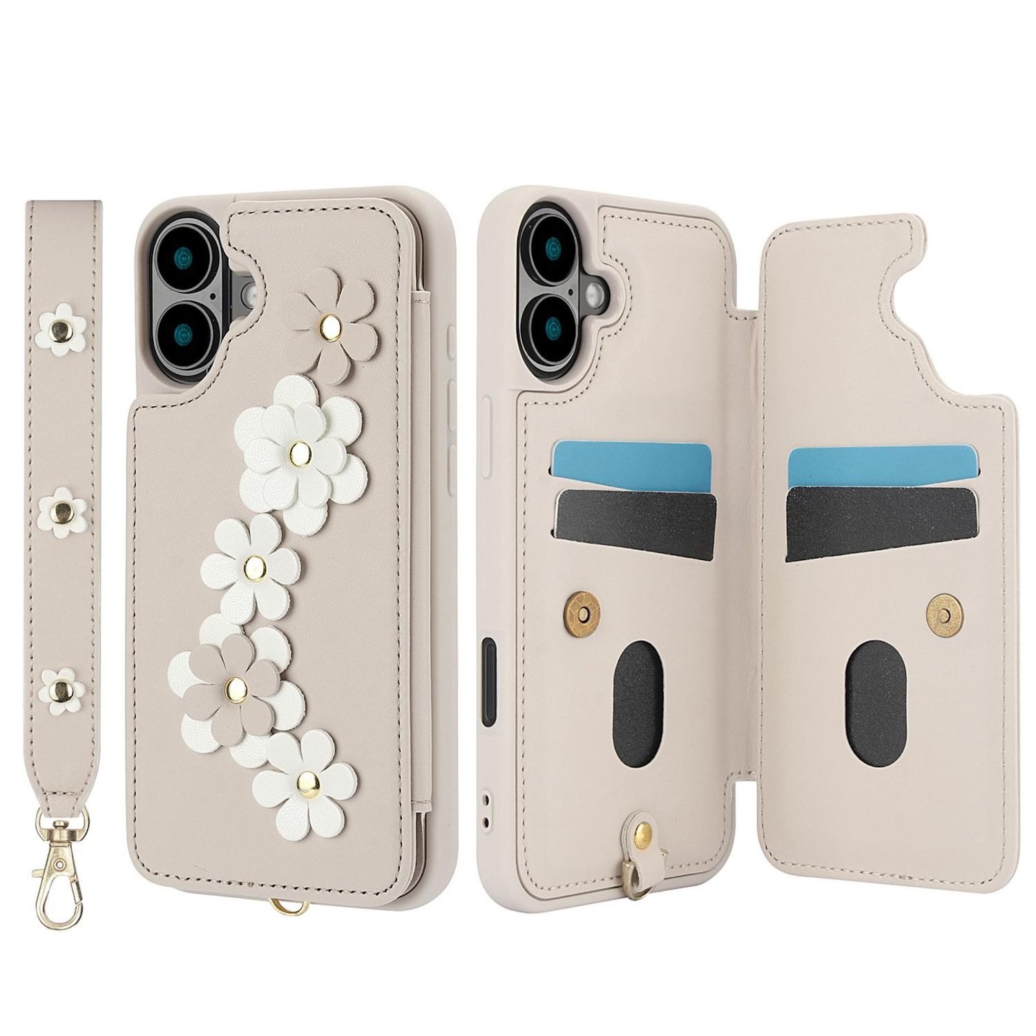 Wigento Handyhülle Für Apple iPhone 17 Hülle Crossbody Kunstleder mit Blumenmuster Weiß, Mit Kartenfächern, Gurt, Kickstand-Funktion