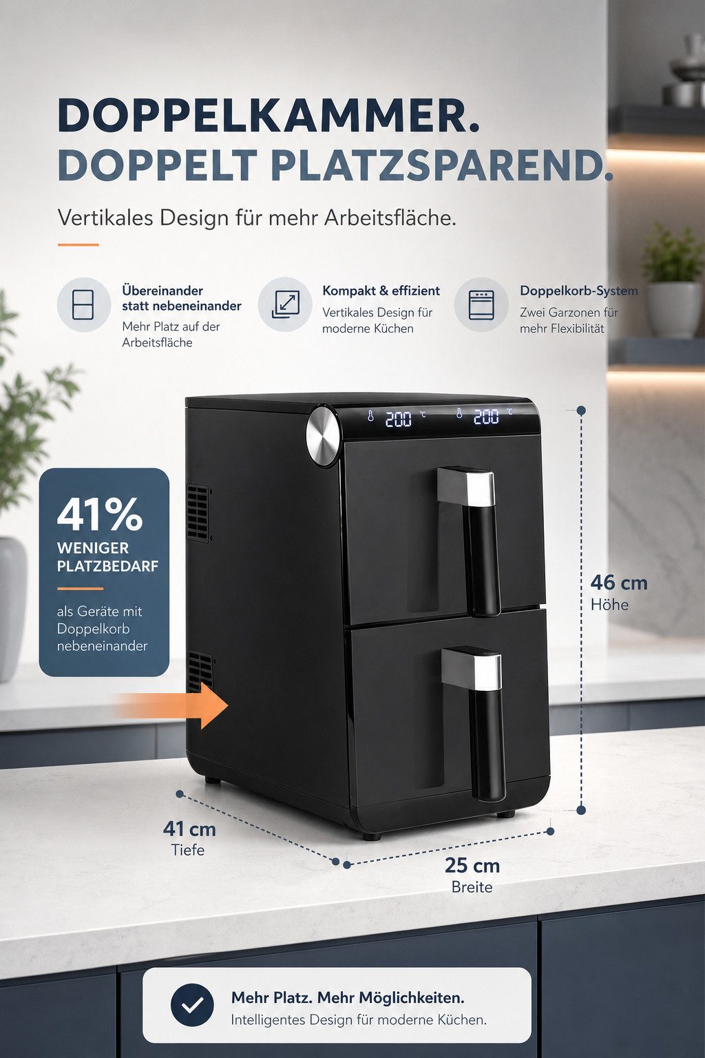 Ledklang Heißluftfritteuse 2 Kammern XXL 11L Gesamtvolumen 13-in-1 programme Air fryer Schwarz, 2800 W, getrennter Temperatur Zeiteinstellung für Beilagen gleic – Bild 3 von 5