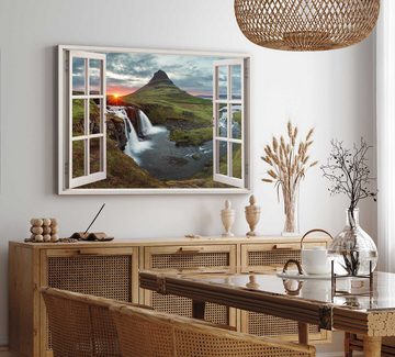 Sinus Art Leinwandbild Wandbild 120x80cm Fensterbild Island Sonnenuntergang Wasserfälle Natur, (1 St)