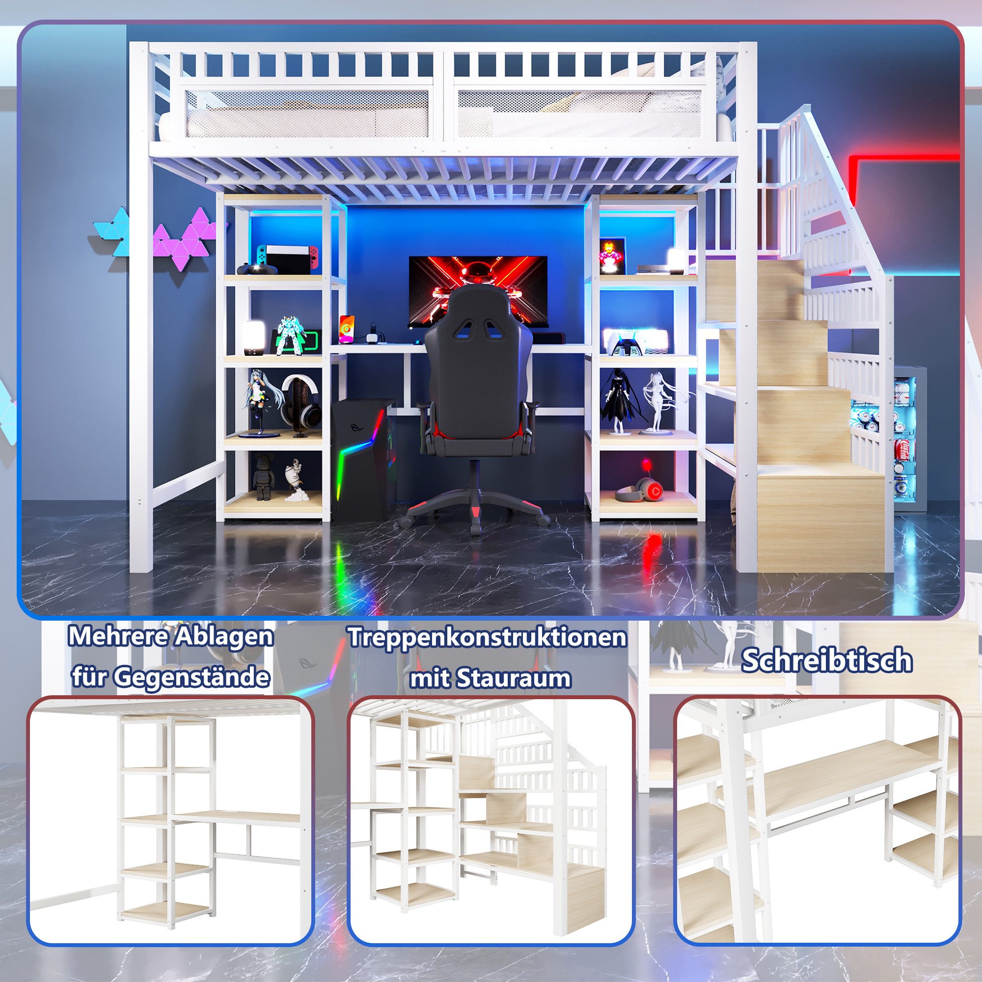 Odikalo Hochbett Multifunktionales Hochbett mit Schreibtisch & Stufenschrank (LED-Lichtleiste, USB-Anschluss inklusive,ohne Matratze, 90x200 140x200CM, schwarz/ – Bild 4 von 5