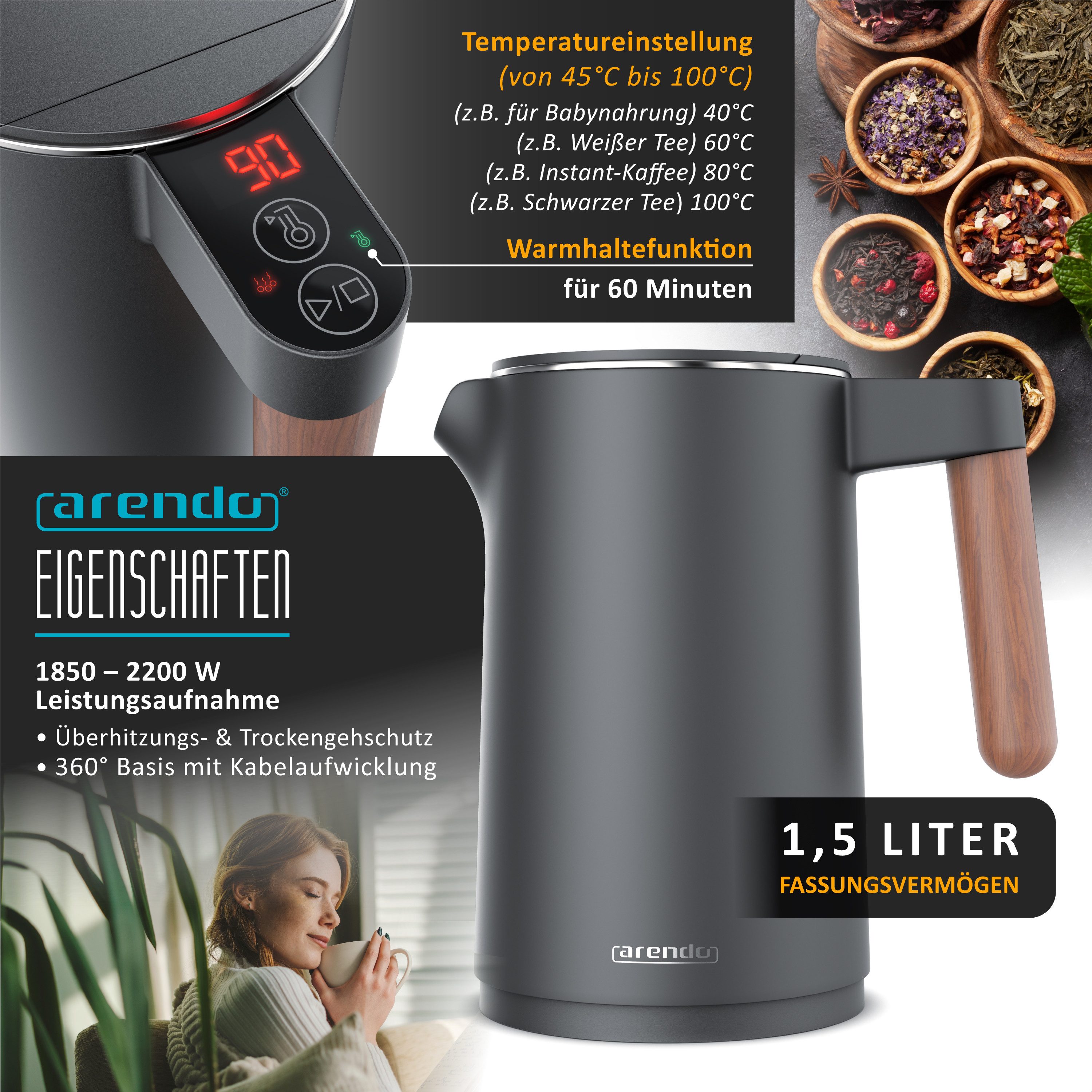 Arendo Frühstücks-Set Edelstahl Wasserkocher 1,5l, 2-Scheiben Kurzschlitz Toaster, Cool Grey (2-tlg), Wasserkocher mit Temperatureinstellung, Toaster Brötchenau – Bild 2 von 5