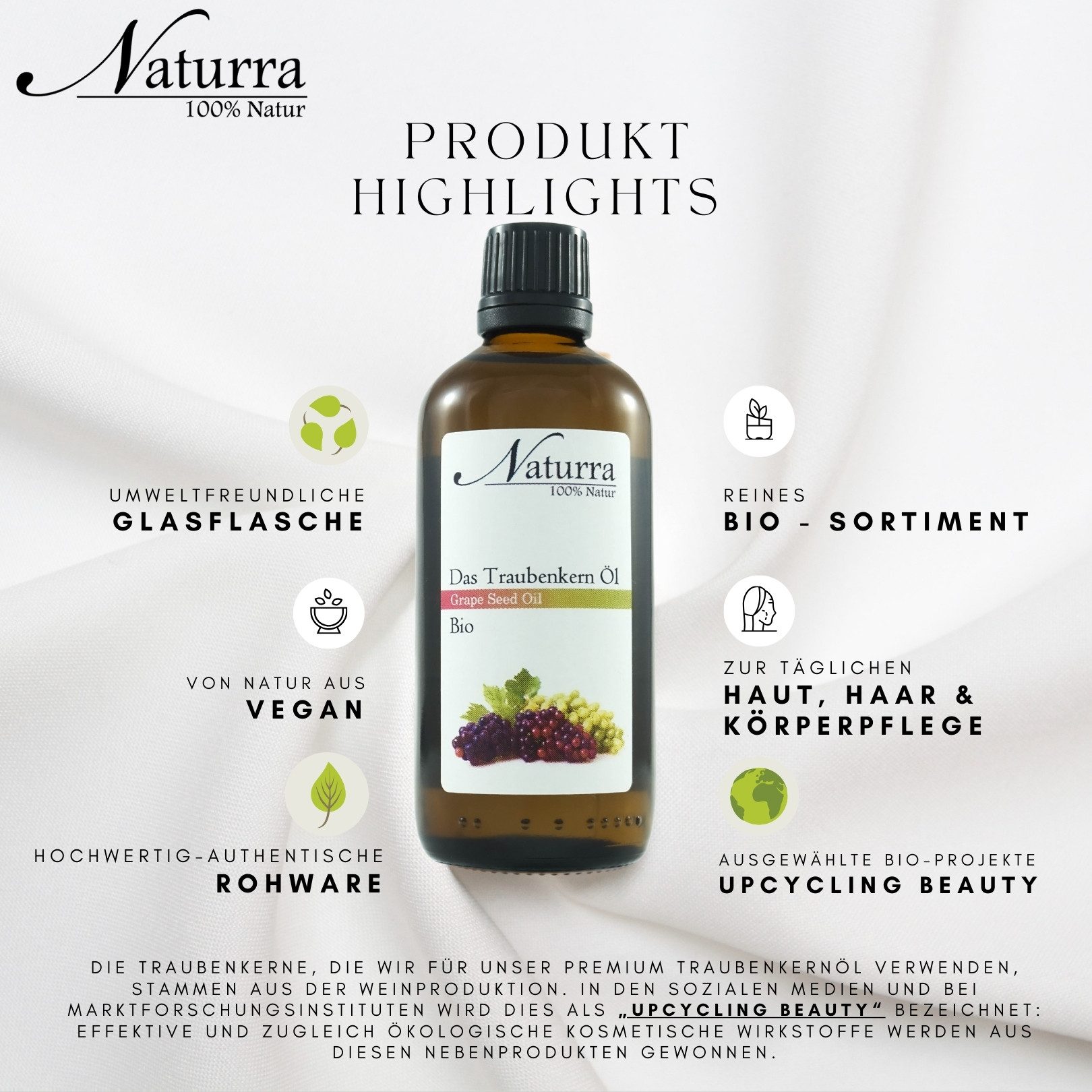 Naturra Körperöl Traubenkernöl Bio kaltgepresst unraffiniert Premiumqualität im Glas, Upcycling Beauty, Premium in Lebensmittelqualität, Omega-Öl, EU-Anbau