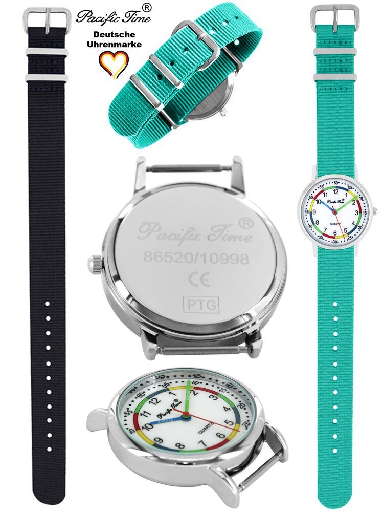 Pacific Time Gratis Lernuhr Mix Design Kinder Set schwarz - Armbanduhr First und Versand Match türkis Quarzuhr und Wechselarmband