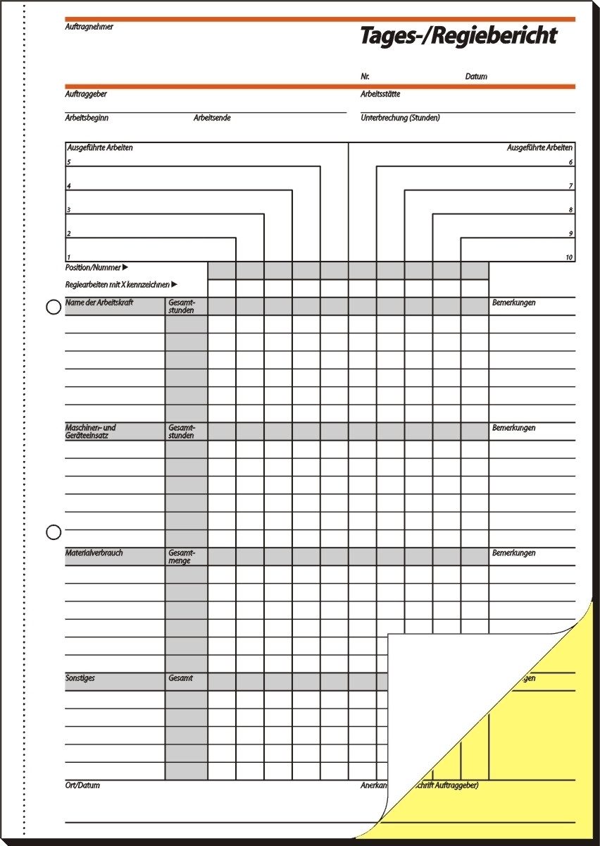 Formularblock Tages-/Regiebericht A4 hoch 56g/qm 1. und 2. Blatt bedruckt selbstdurc