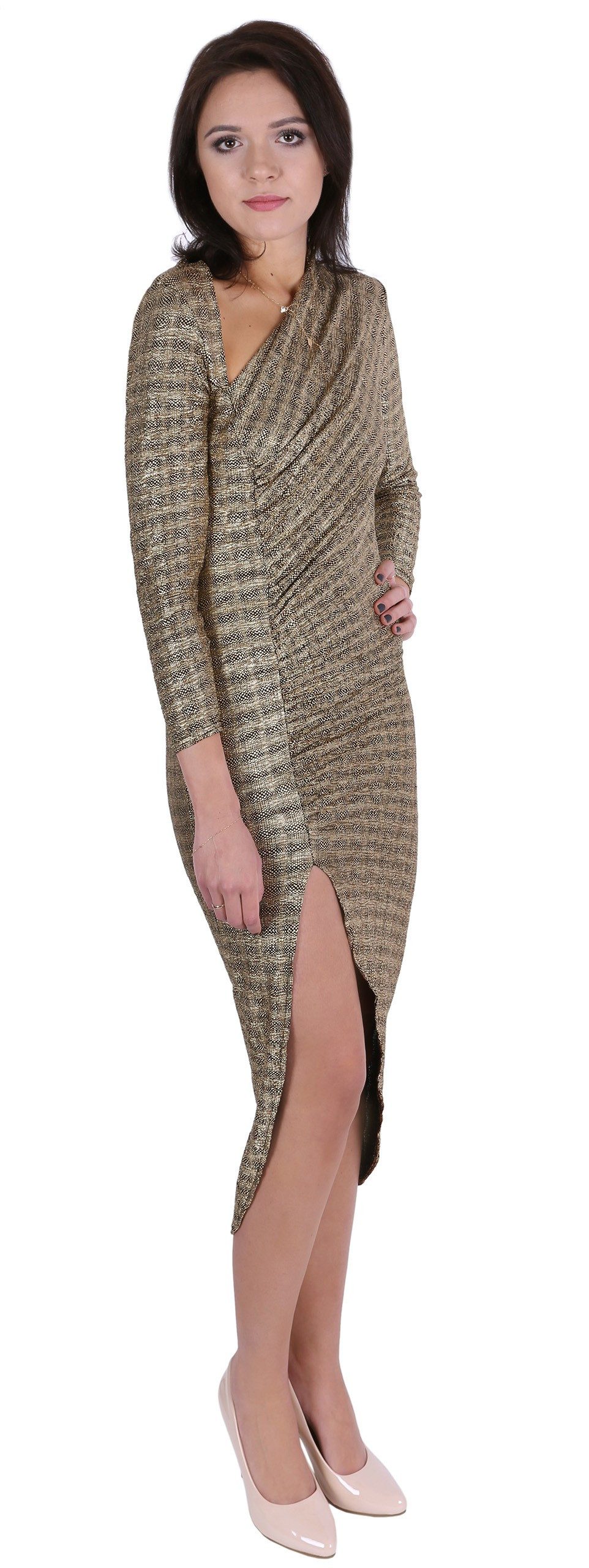 Sarcia.eu Midikleid Goldfarbenes asymmetrisches Kleid mit Schlitz John Zack XL