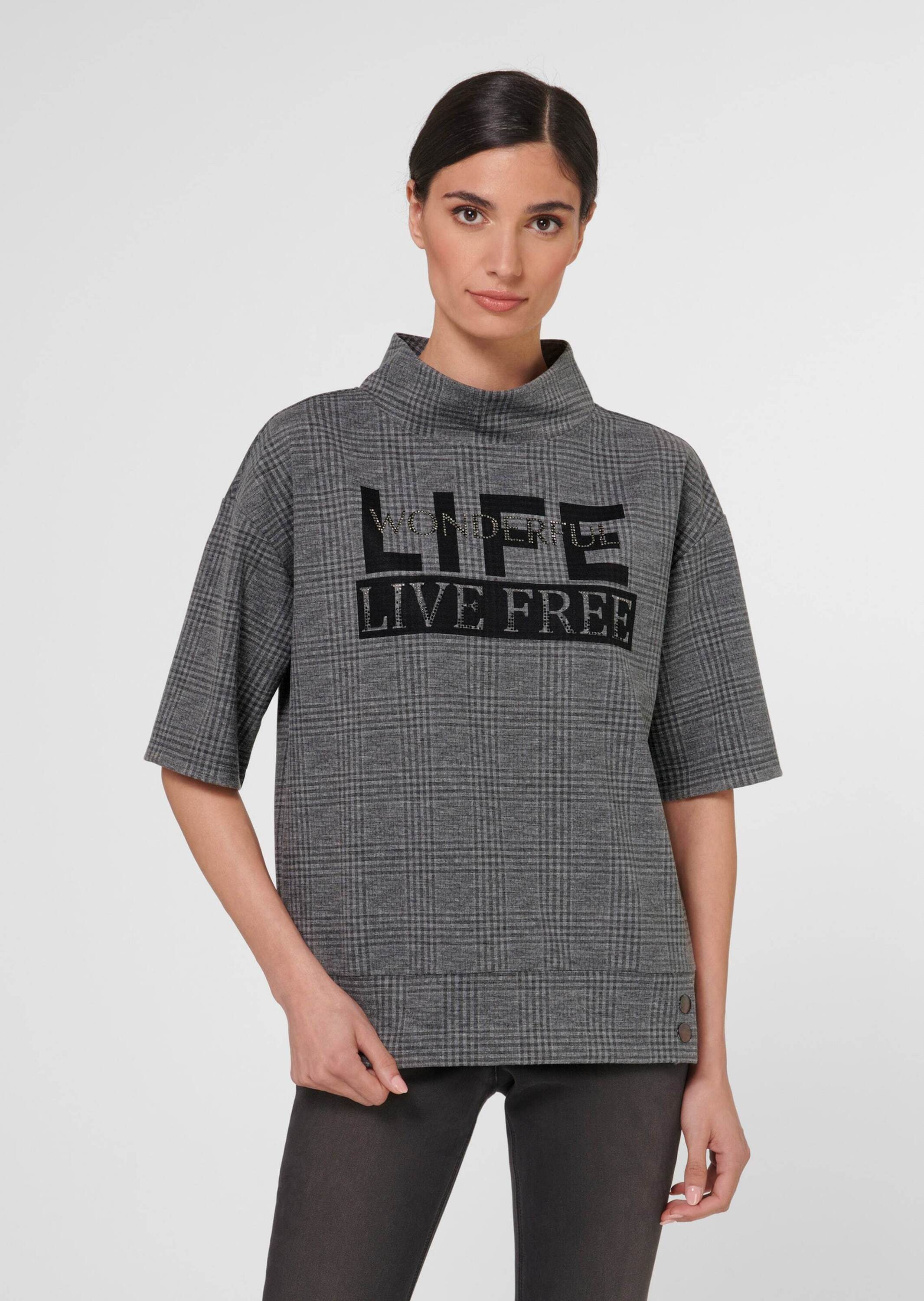 Kurzarmshirt Halbarm-Sweatshirt mit Print und Ziersteinen