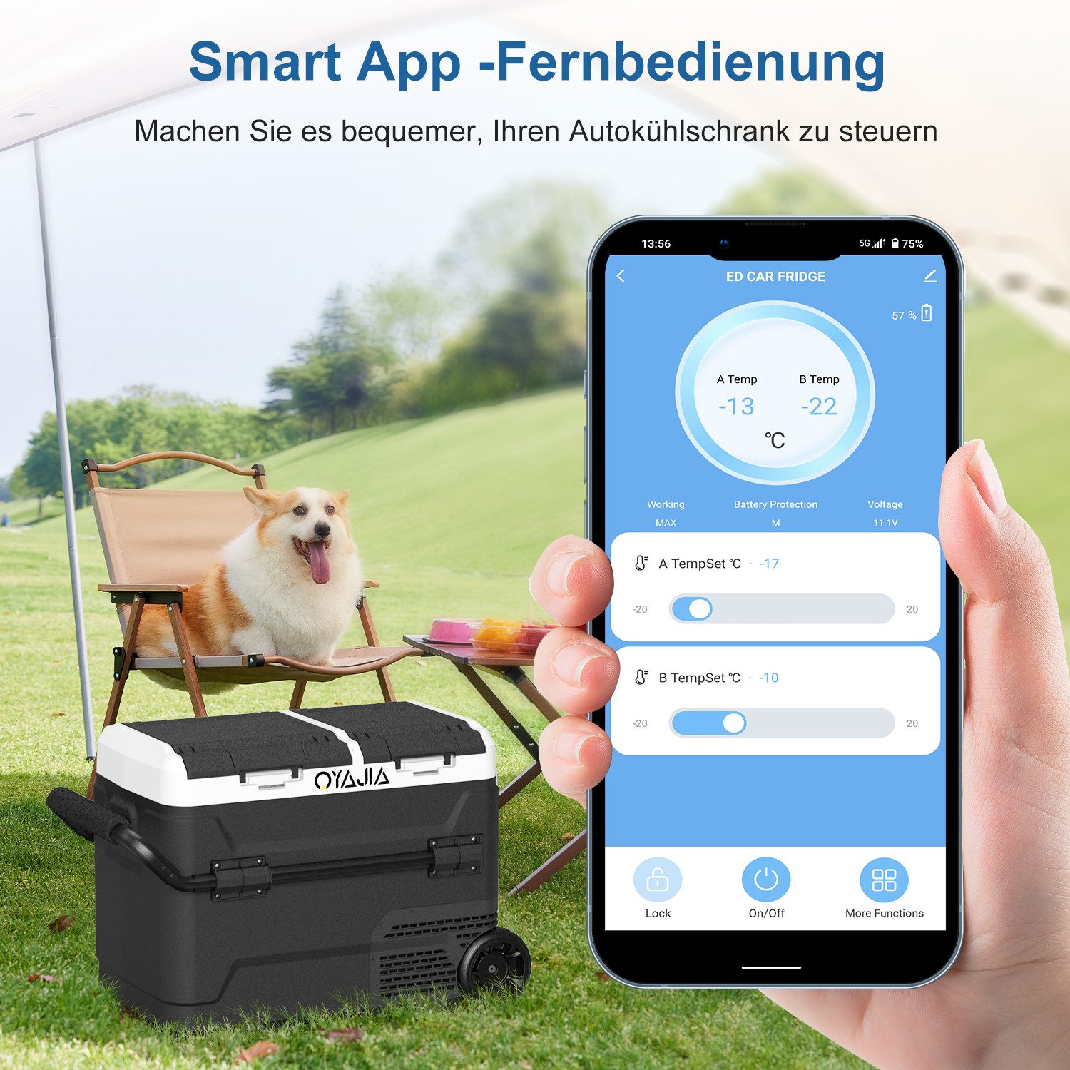 oyajia Elektrische Kühlbox Kompressor Kühlbox mit APP-Steuerung USB-Anschluss,Doppeltür Dualzonen, 55 l, Auto Kühlbox mit Rollen & Griff 12V/24V 100-240V Camping Kühlschrank
