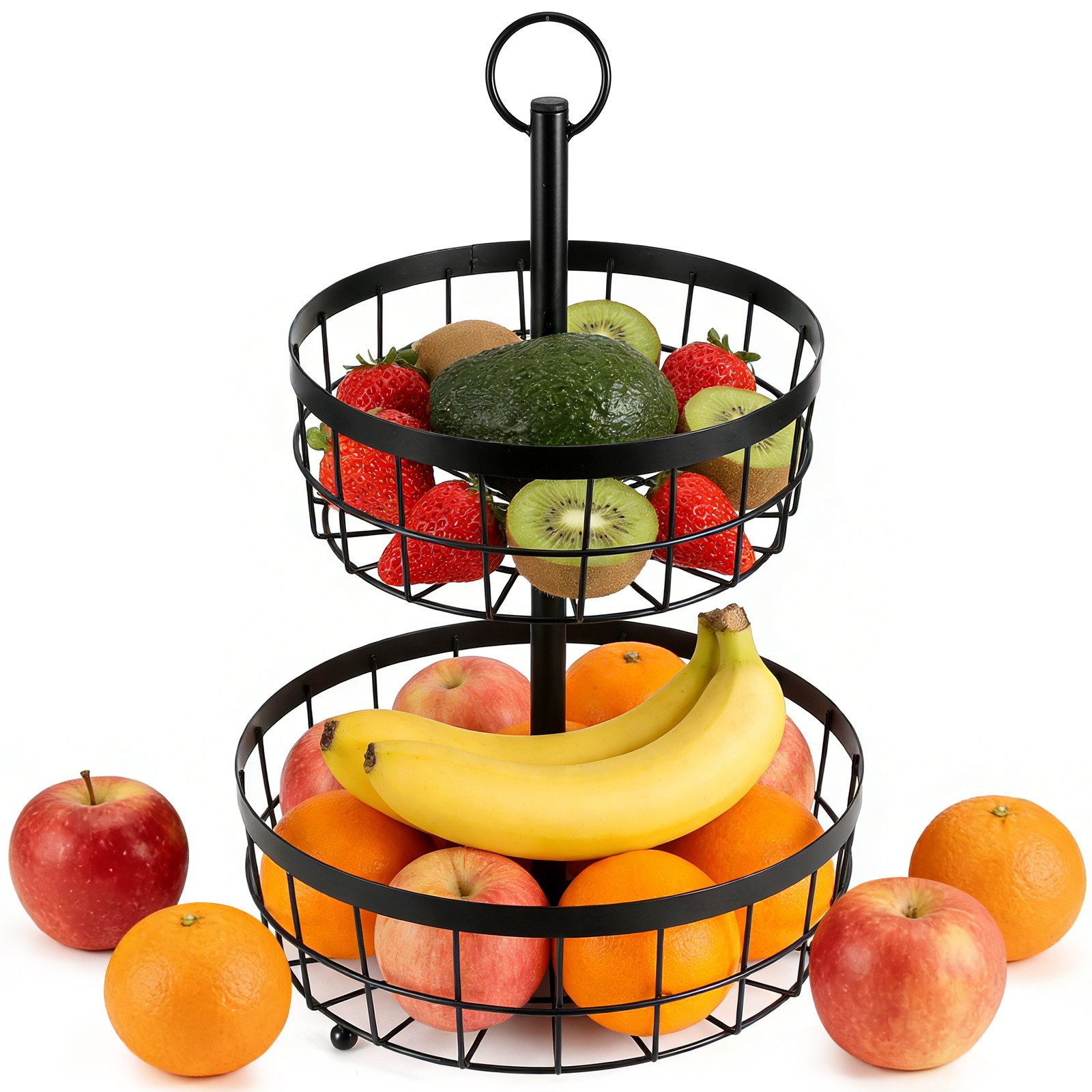BlingBin Obstschale 2 Etagen Obstkorb Metall, Rund Obst Etagere - Ø23 und 30 cm, Schwarz, Schmiedeeisen, (1er Set, 1-tlg), Obstschale Lagerung Küchenregal für Kuchen, Süßigkeiten, Gemüse