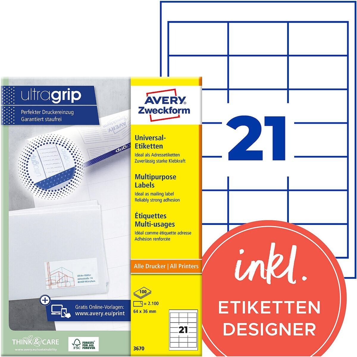 Avery Zweckform Etiketten 3670, 2100 Stück, Adresse universal (64x36 mm), selbstklebend