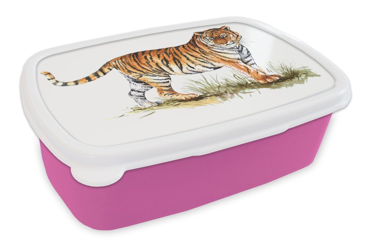 MuchoWow Lunchbox Tiger - Gras - Weiß, Kunststoff, (2-tlg), Brotbox für Erwachsene, Brotdose Kinder, Snackbox, Mädchen, Kunststoff rosa | Lunchboxen
