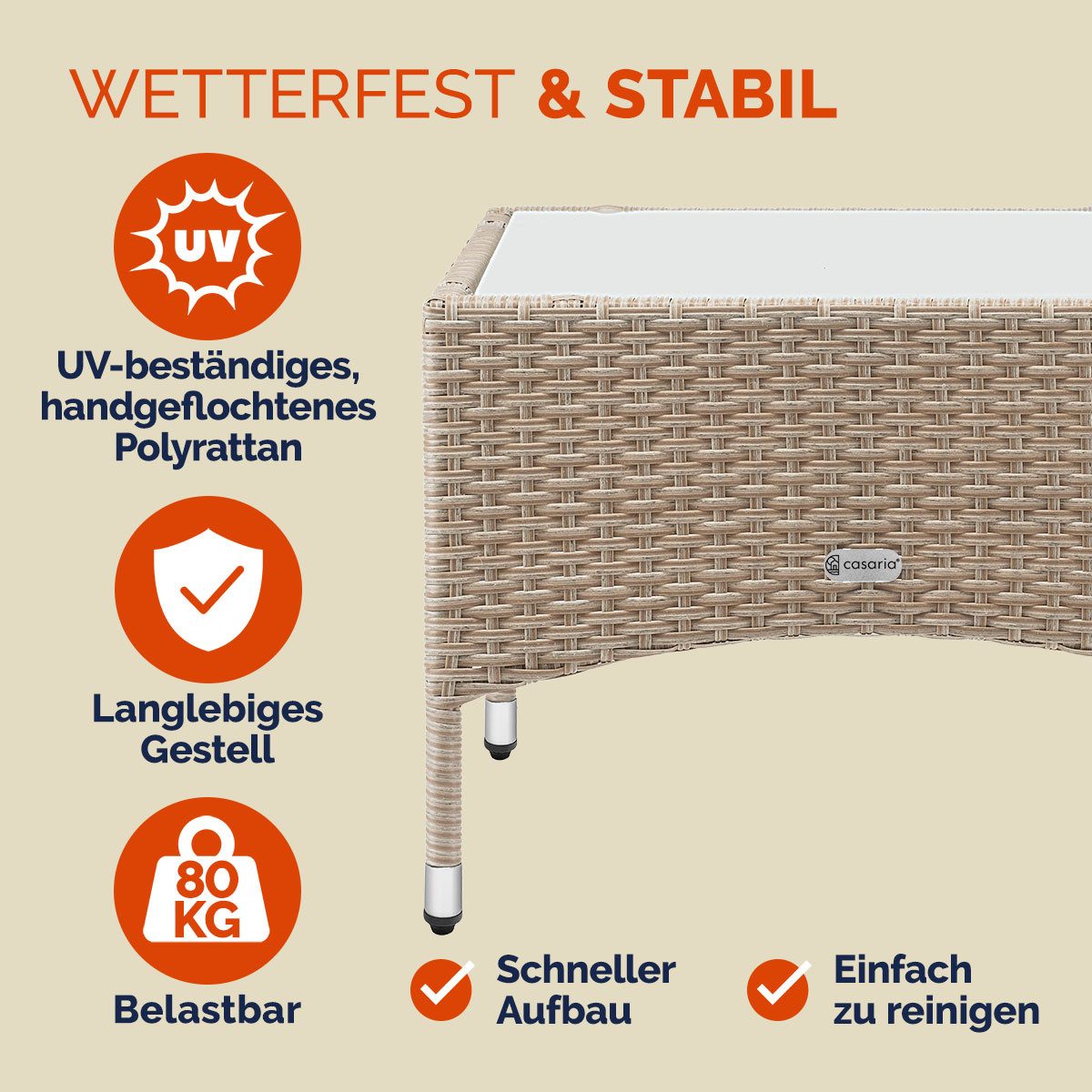 Casaria Beistelltisch (1-St), Polyrattan 58x58x42cm Höhenverstellbar 5mm Glasplatte Wetterfest