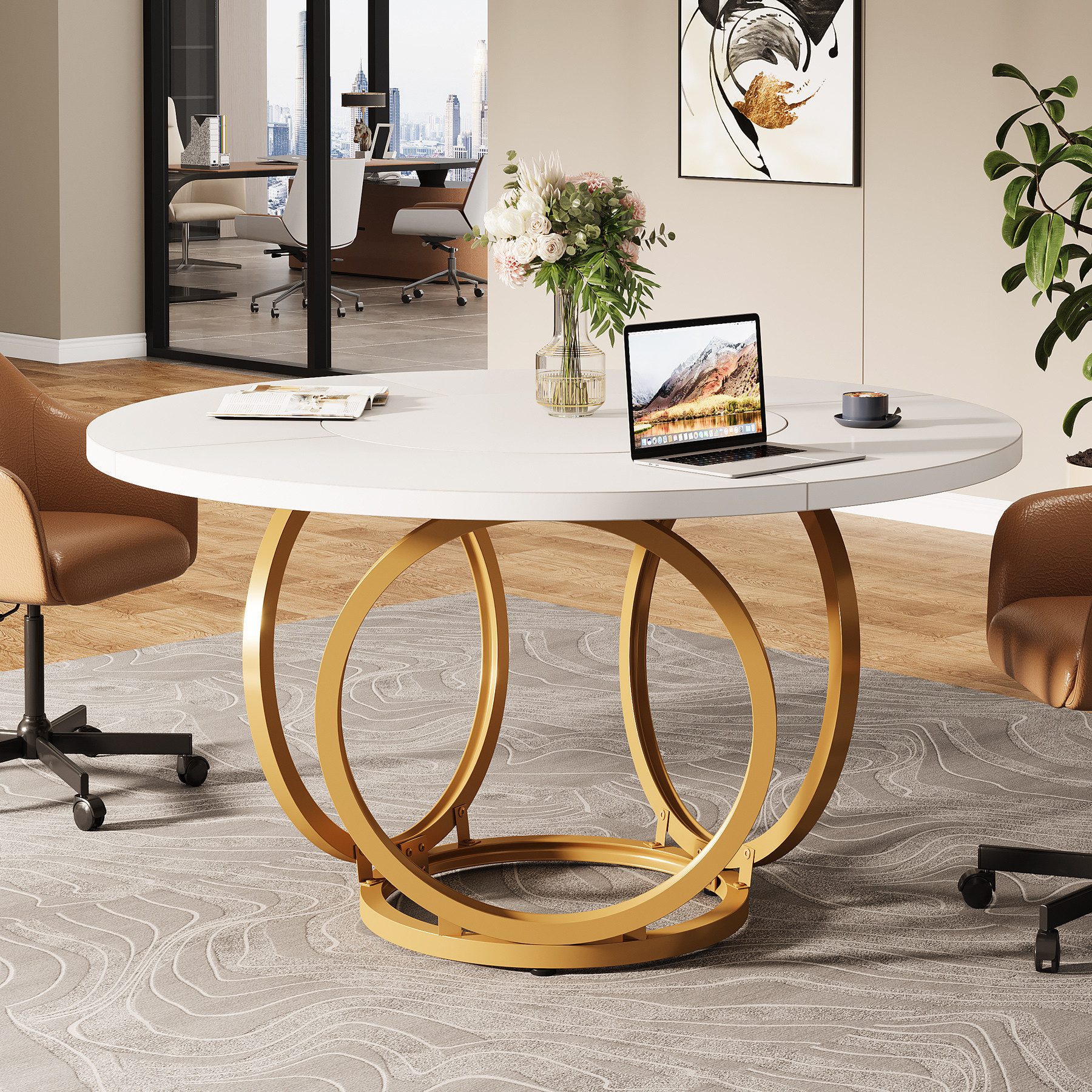 Tribesigns Esstisch 120 cm Runder Esstisch für 4 Weißer Küchentisch mit goldenem Metallfuß