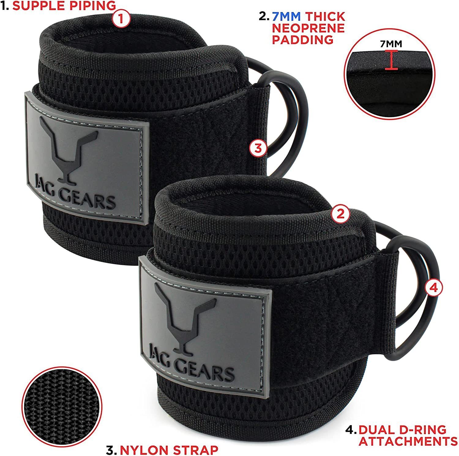 JAG GEARS Fußtrainer Knöchelriemen mit Kabelbefestigung, 6 mm, Neopren, gepolstert (pair, 2-St., 2x), Beinstrecken, Curls, Booty Hip Abductors-Übung für Männer und Frauen