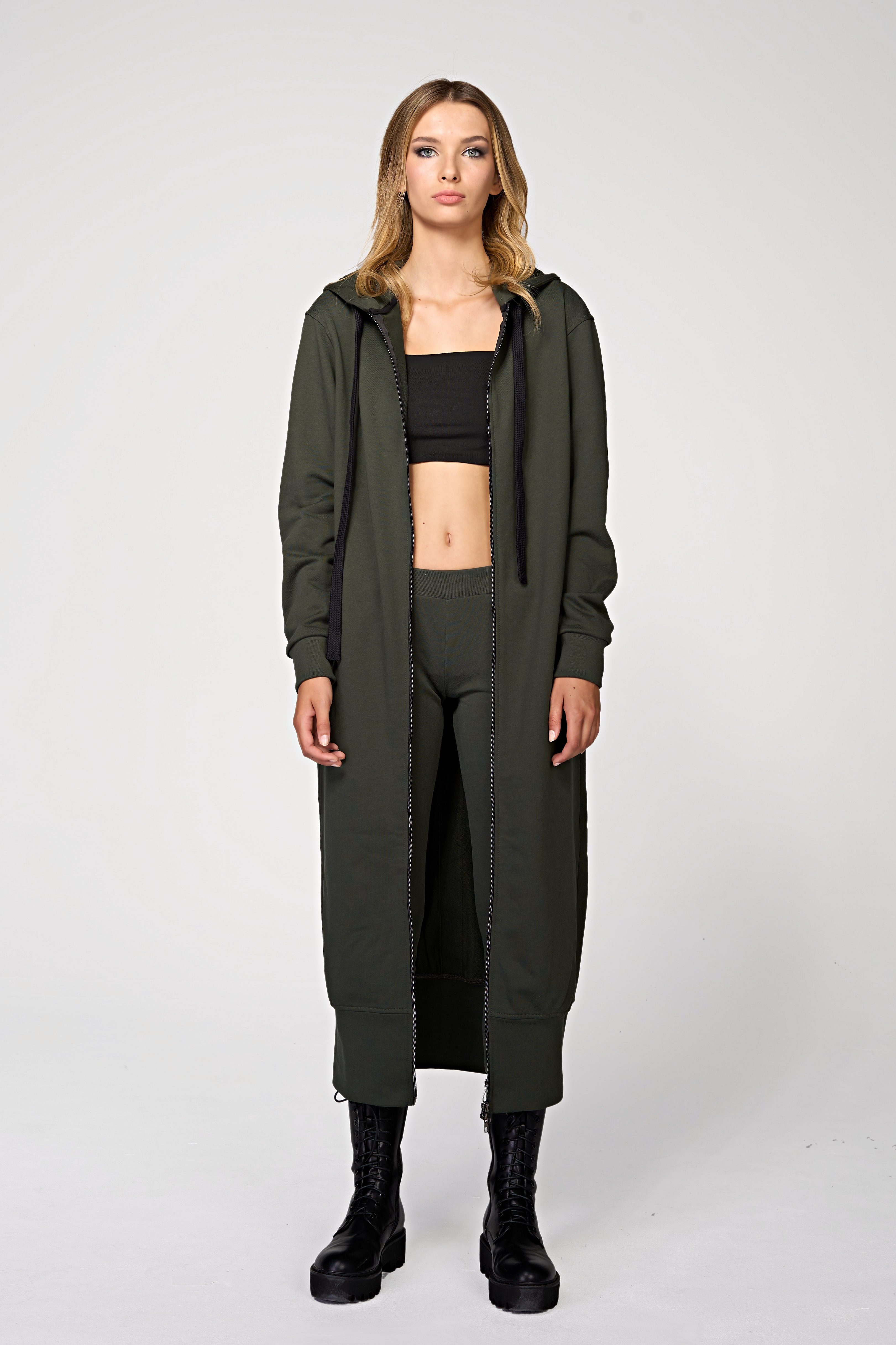 ILAY Lit Kapuzensweatjacke Long Coat-Olive-Lässiger Hoodiemantel im Urban Style Kapuze mit Tunnelzug und Labelband