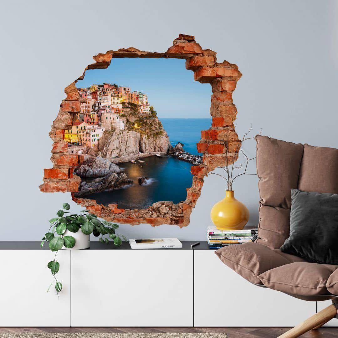 K&L Wall Art Wandtattoo 3D Wandtattoo Aufkleber Colombo Italien Fischerdorf Küste Cinque Terre, Mauerdurchbruch Wandbild selbstklebend