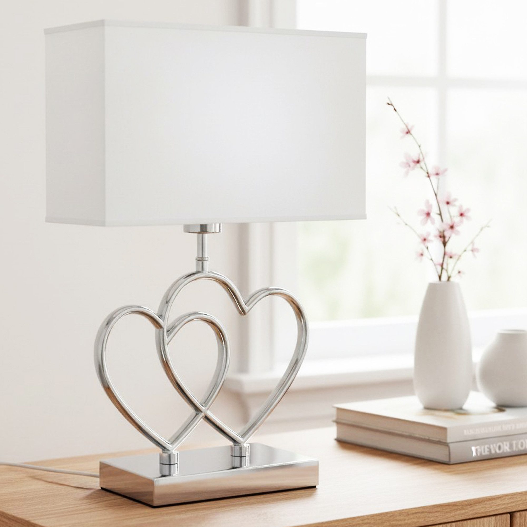 Arnusa Tischleuchte Tischlampe Herz chrom mit weißen Stoff Lampenschirm eckig Lampe, ohne Leuchtmittel, Nachttischlampe Beistelllampe