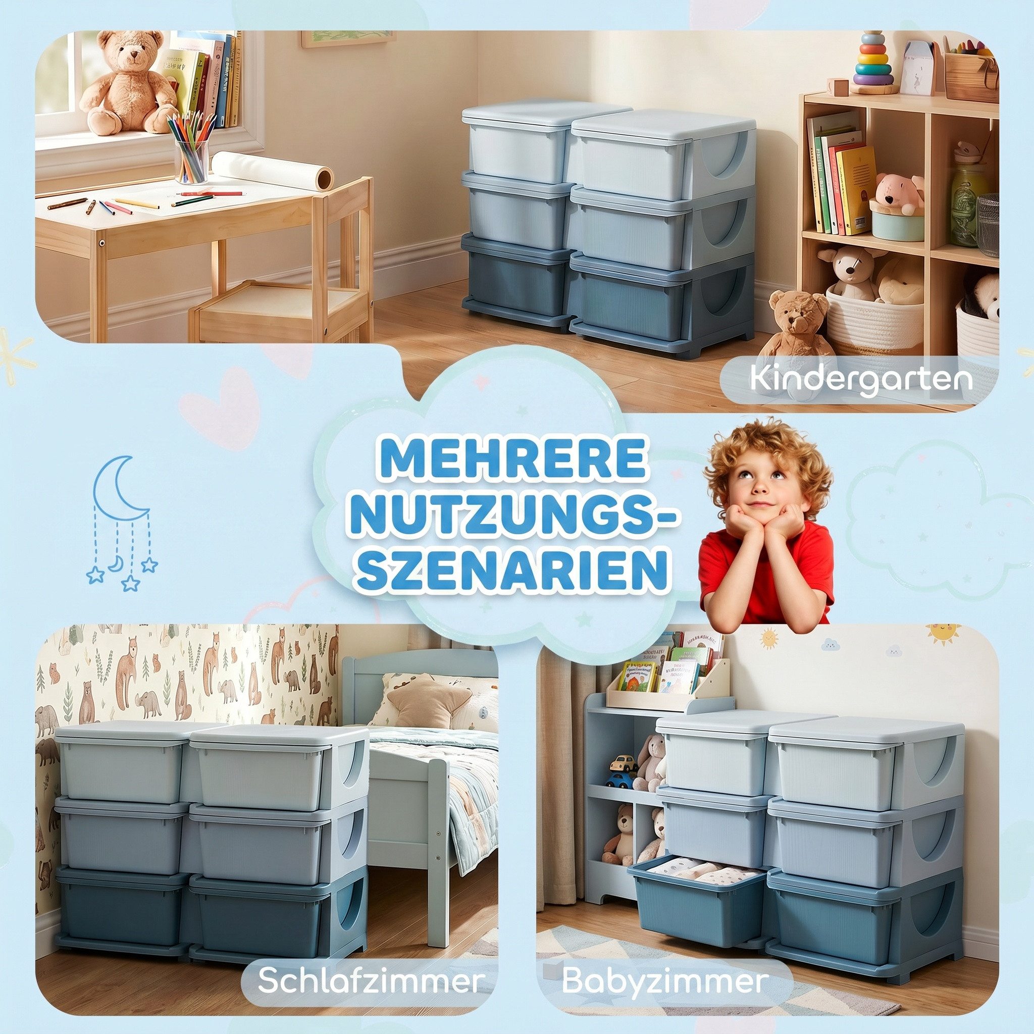 HOMCOM Spielzeugtruhe Schubladenschrank, Spielzeug-Organizer, sechs Ebenen, 3-6 Jahre (Spielzeugkiste, 1 St., Aufbewahrungsbox), für Kinderzimmer, Blau – Bild 5 von 5
