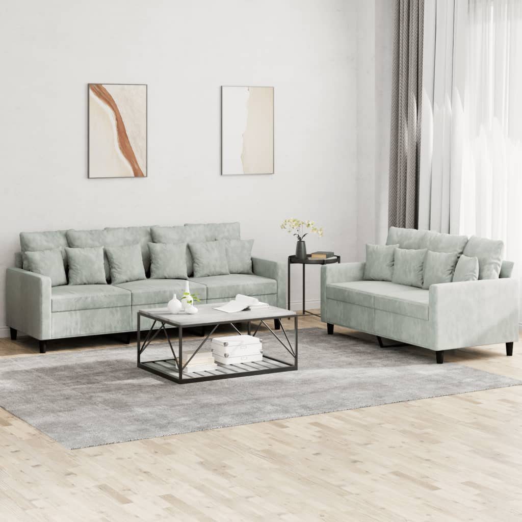 vidaXL Sofa 2-tlg. Sofagarnitur mit Kissen Hellgrau Samt