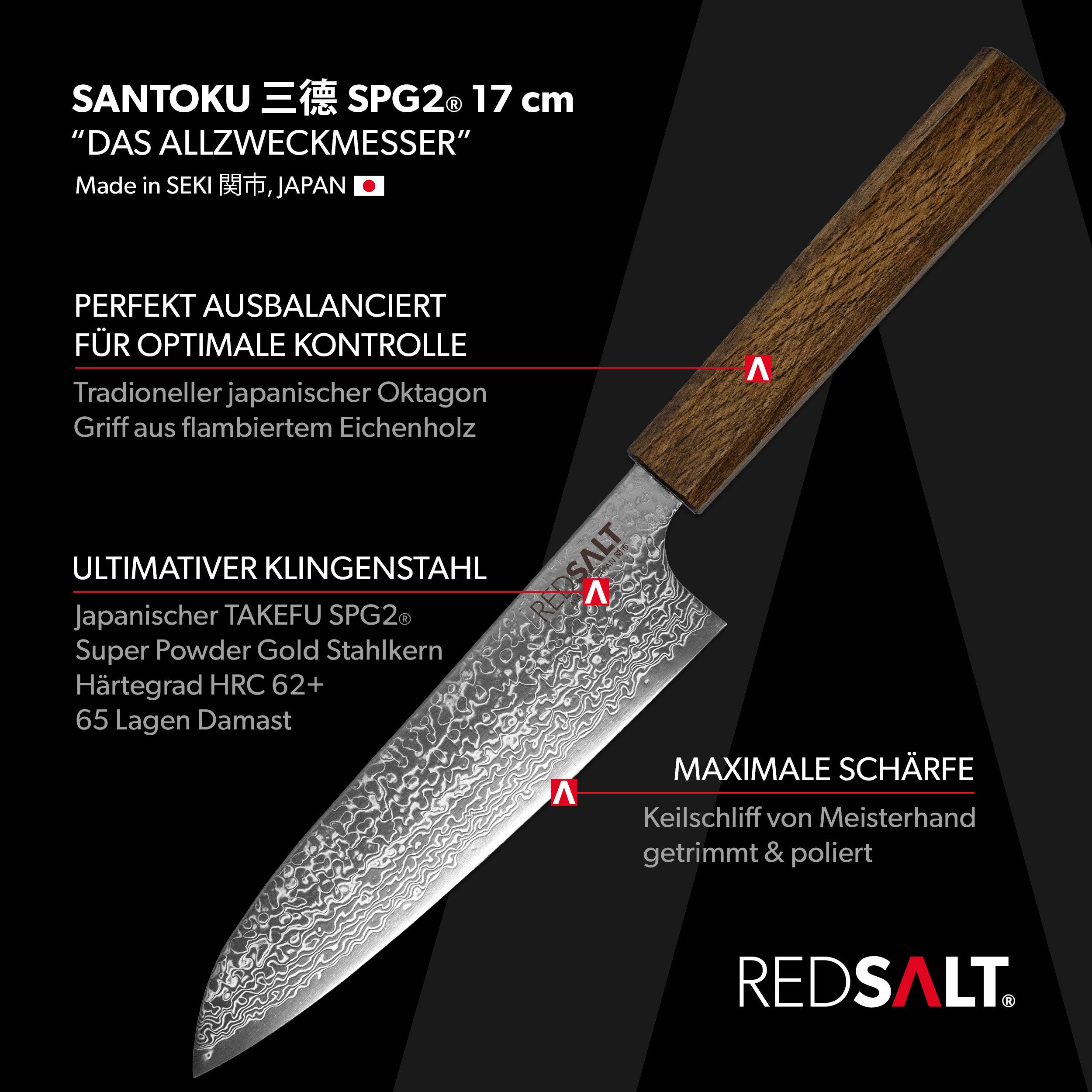 REDSALT® Damastmesser SANTOKU  17cm SPG2 Damaststahl Kochmesser handgefertigt, TAKEFU SPG2 Kern, 65 Lagen, rostfrei, Made in Japan