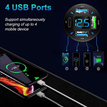 HYTIREBY Auto Ladegerät 4-Port USB C kompatibel mit iPhone, Android, Samsung USB-Ladegerät (50W QC3.0,PD Schnellladegerät mit LED Voltmeter 12V USB Buchse)