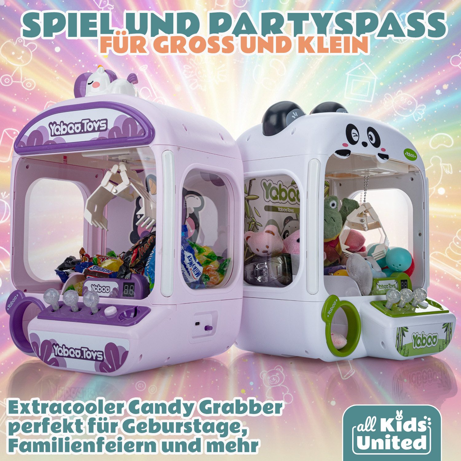 Goods+Gadgets Greifautomat Greifautomat Candy Grabber – Arcade Spielautomat mit Mini Plüschtieren, Spielautomat mit 10 Mini Stofftiere