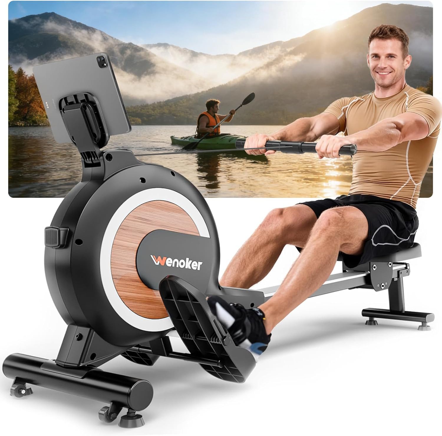 Wenoker Rudergerät Magnetisches Rudergerät mit Bluetooth-App und 16 Widerstandsstufen (Spar-Set, Montagewerkzeug, Rudergerät, Tablet-Halterung, LCD-Display), 16 Widerstandsstufen, App‑Verbindung, leises Magnetwiderstandssystem