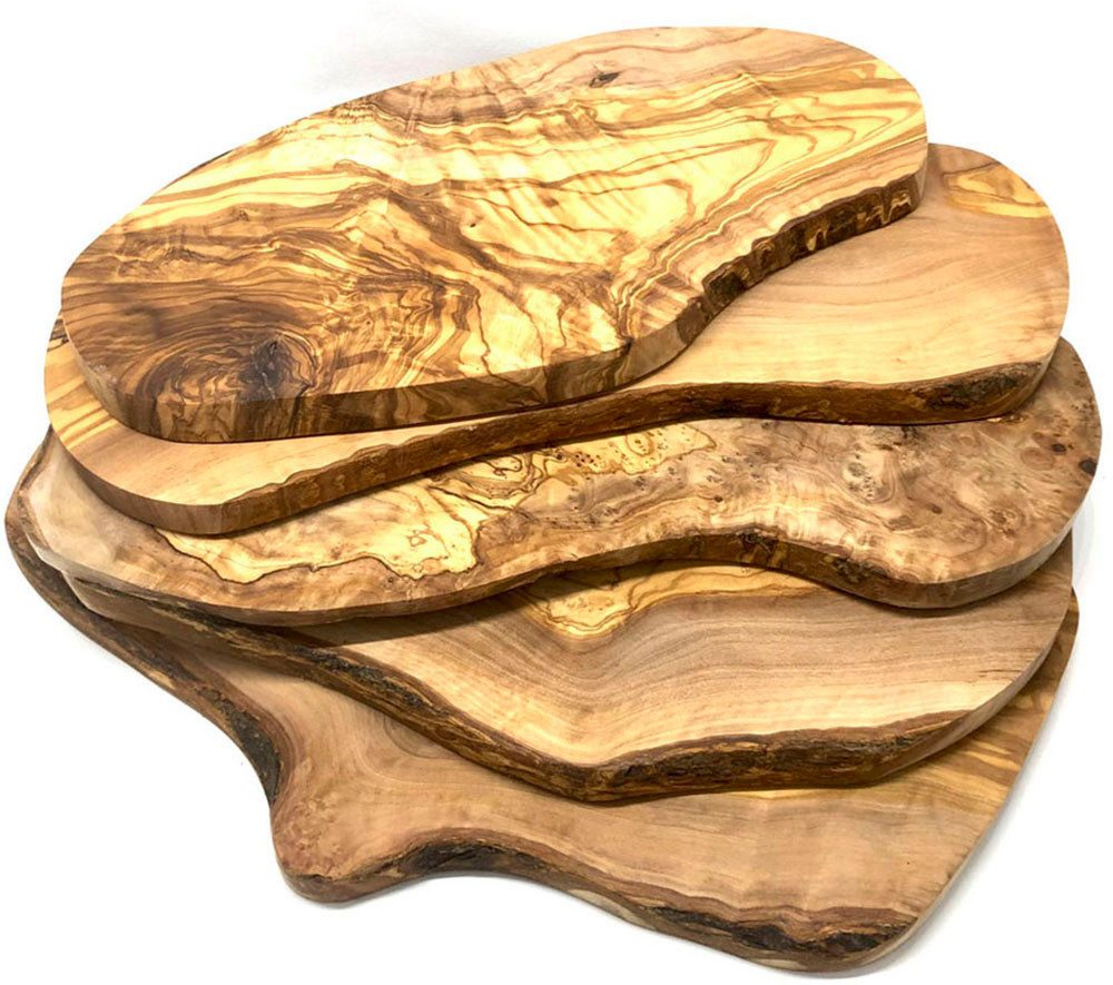 Olivenholz-erleben Frühstücksbrett rustikal aus hochwertigem naturbelassenem Olivenholz, Massivholz, (1-St), Mediterraner Look, rustikale Kante, organische Form