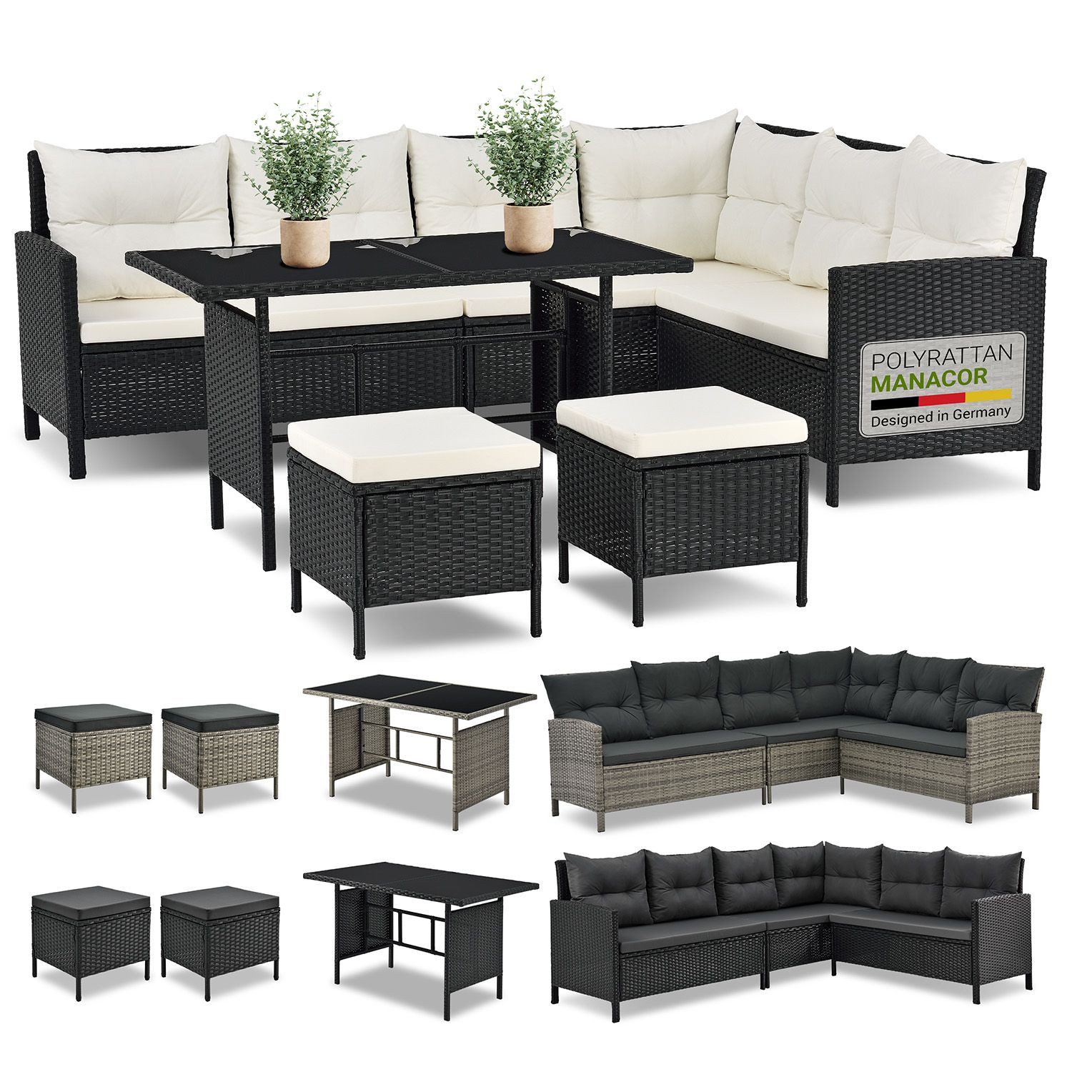 Juskys Gartenlounge-Set Manacor, (Gartenlounge), Polyrattan Gartenmöbel-Set mit Garten-Sofa, Garten-Tisch und 2 Hocker