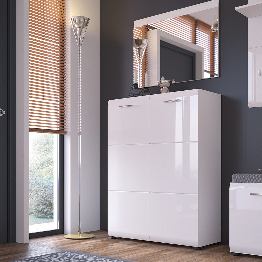 Lomadox Garderoben-Set MALABO-129, (Spar-Set, 2-St), Garderobenspiegel und Schuhschrank weiß Hochglanz