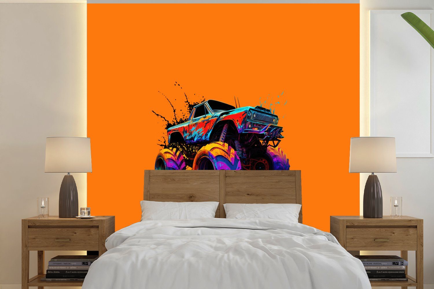 Wohnzimmer für Küche, Neon Orange, St), Fototapete Vliestapete (4 Farbe - bedruckt, Matt, - Schlafzimmer Fototapete Monstertruck - MuchoWow