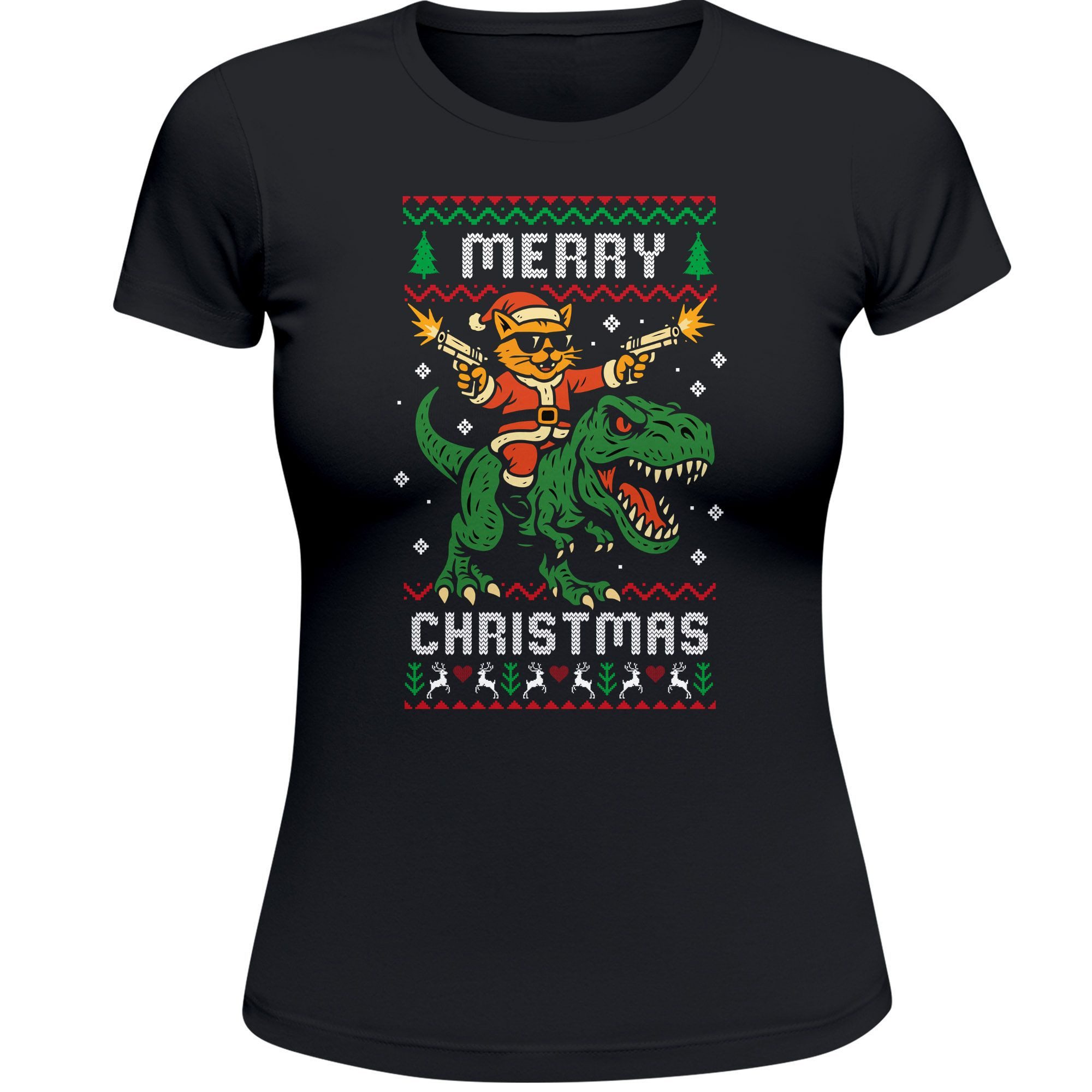 Print-Shirt Weihnachtsshirt Damen Ugly XMAS Spruch lustig Katze Dino Design XMAS