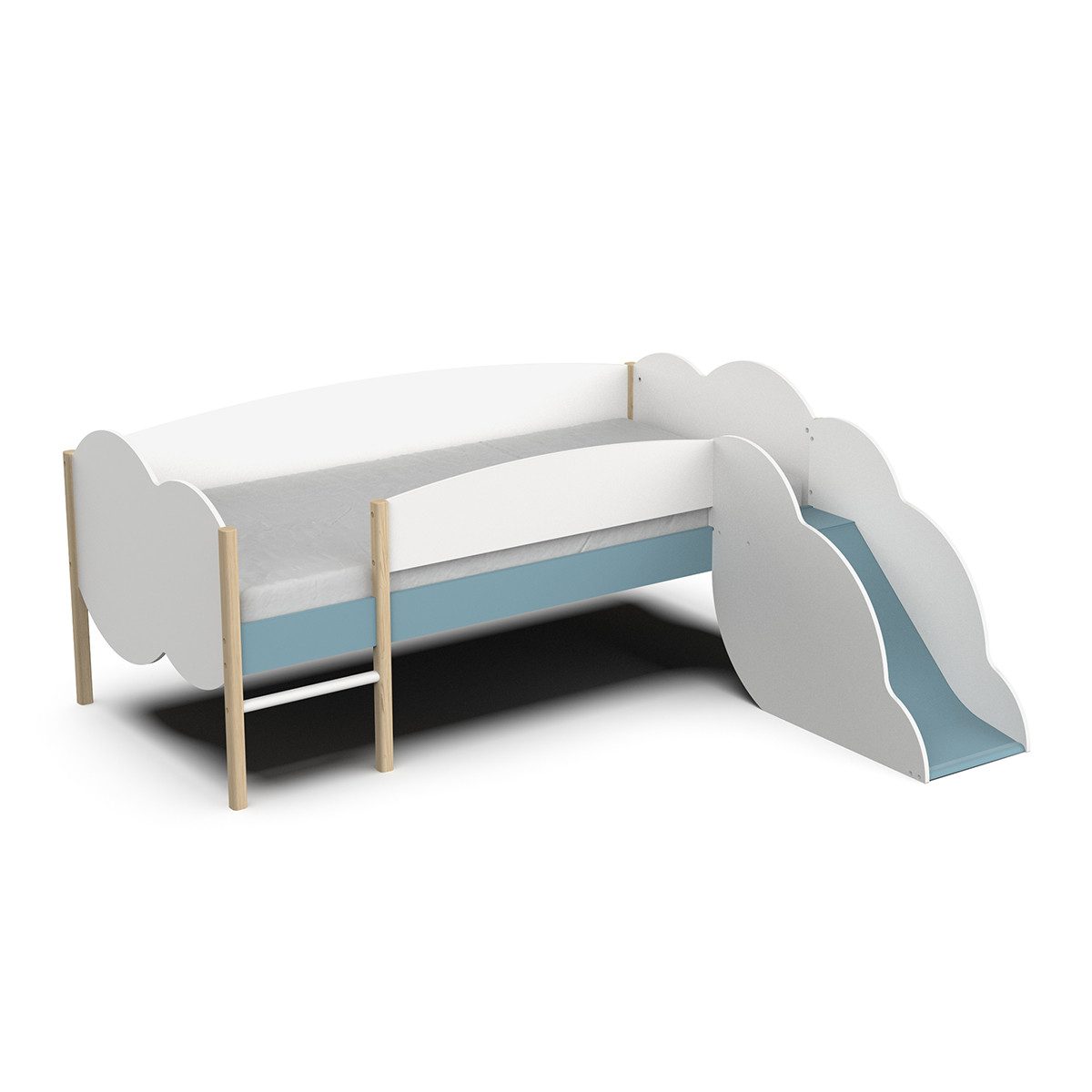 Hochbett Bett mit Rutsche Kinderbett Spielbett weiss blau 206x183x85cm