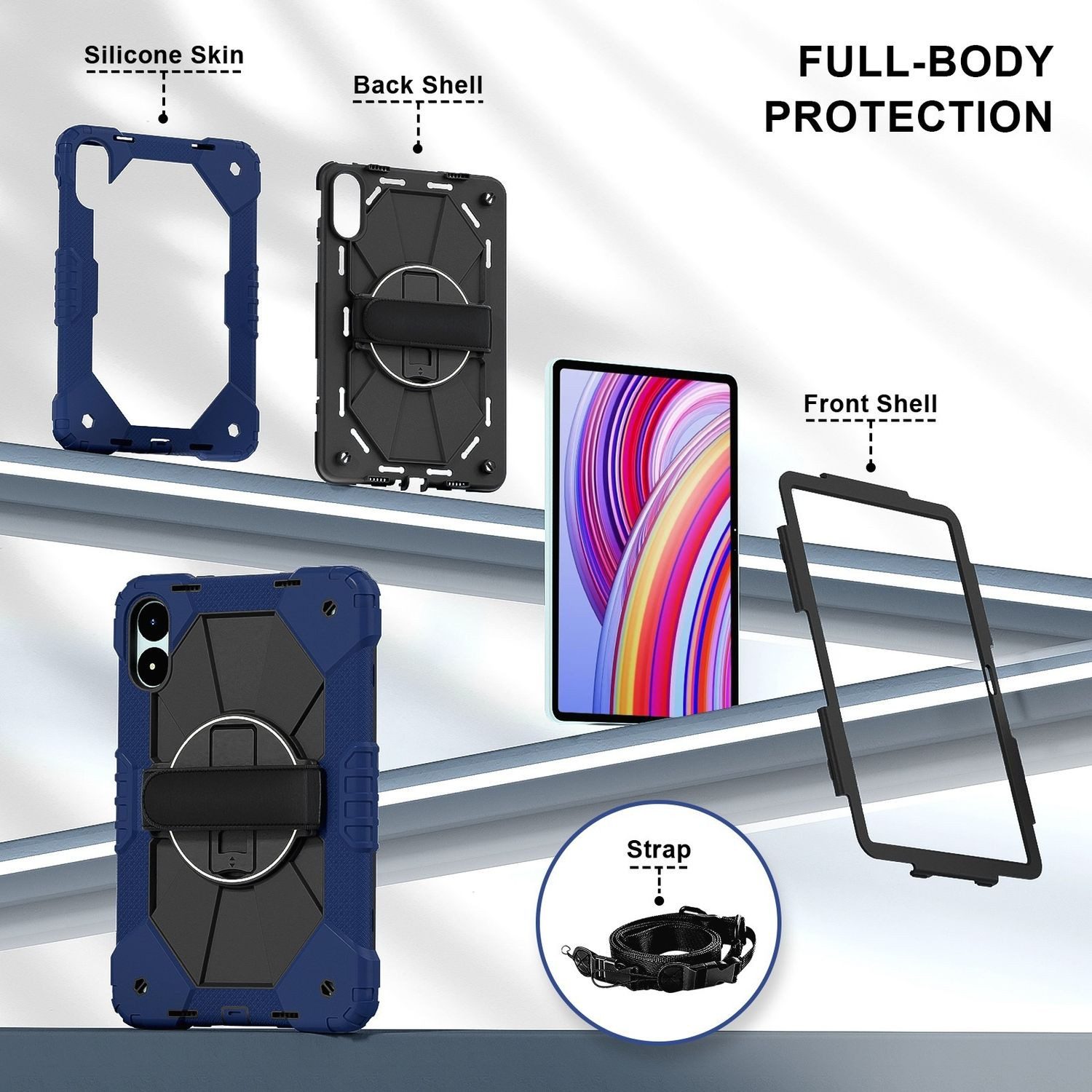 Wigento Tablet-Hülle Für Xiaomi Redmi Pad Pro 12.1 Design Silikon Hybrid Hülle Dunkelblau, Hybrid Schutzhülle Smart Case Cover mit Schultergurt