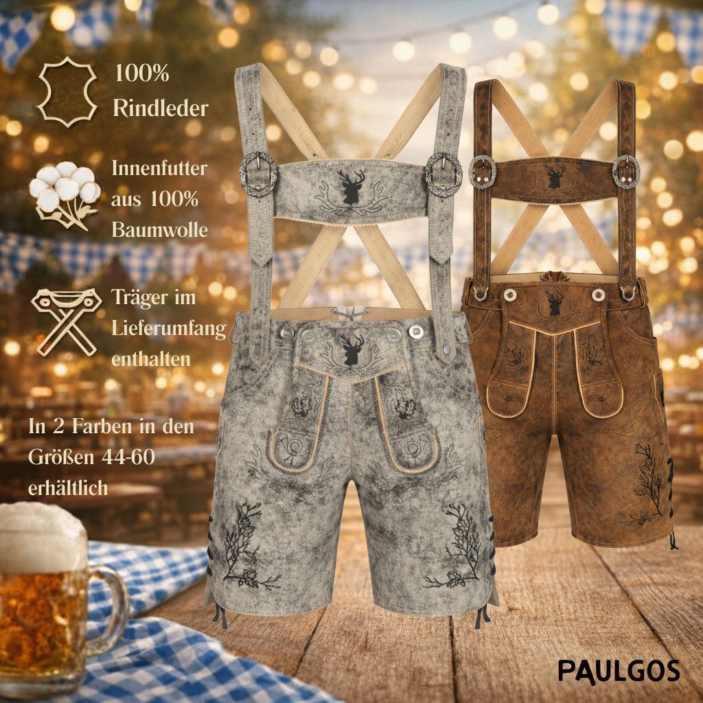 PAULGOS Trachtenhose Herren Lederhose Kurz mit Trägern 100% Echtleder - HK3 ANTIK