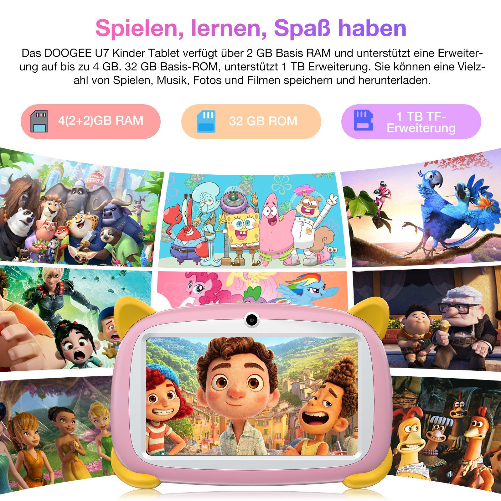 DOOGEE U7 Kids Table 32GB/1TB icherheitskoffer für Spiel und Lernen Kinder Tablet (7", 32 GB, 3400mAh, Augenschutz-Zertifizierung + Kinderschutzetui)