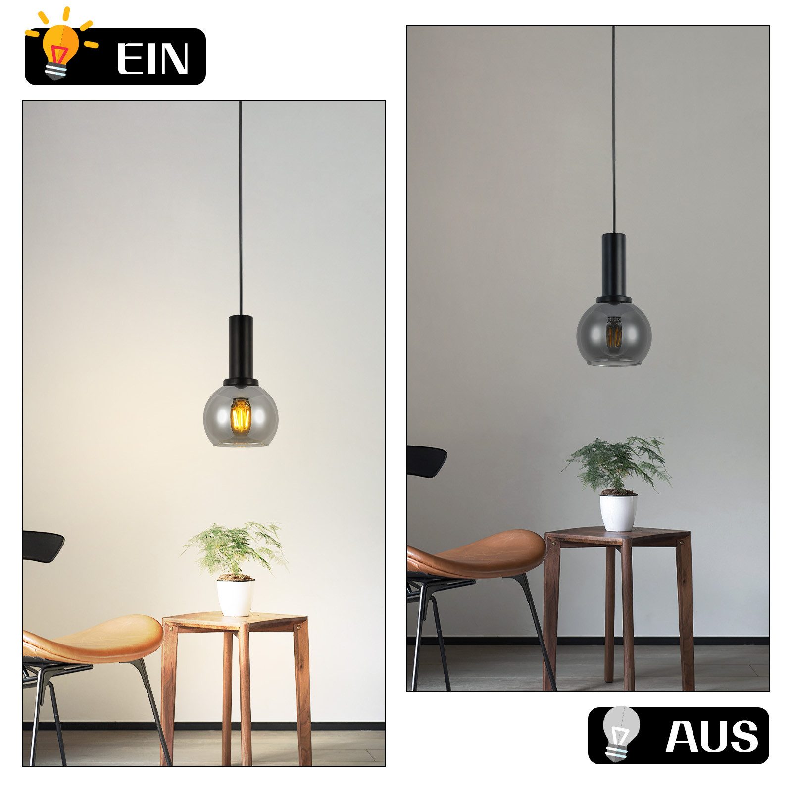 Nettlife Pendelleuchte Vintage Esstisch Glas Schwarz Industrial E27 Wohnzimmer, Höhenverstellbar, LED wechselbar, Esstischlampe für Wohnzimmer Küche