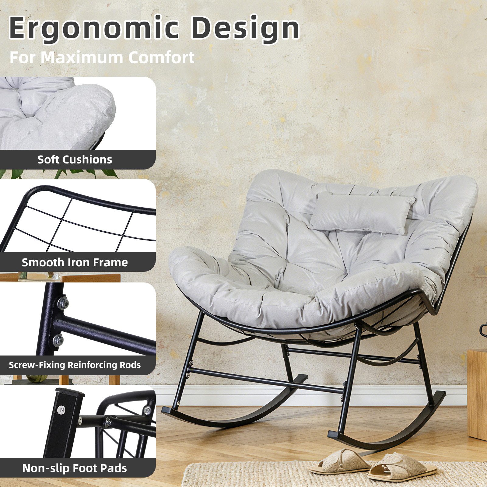 CCLIFE Schaukelstuhl Schaukelsessel Wohnzimmer Relaxstuhl Kopfstütze, Bis 150kg