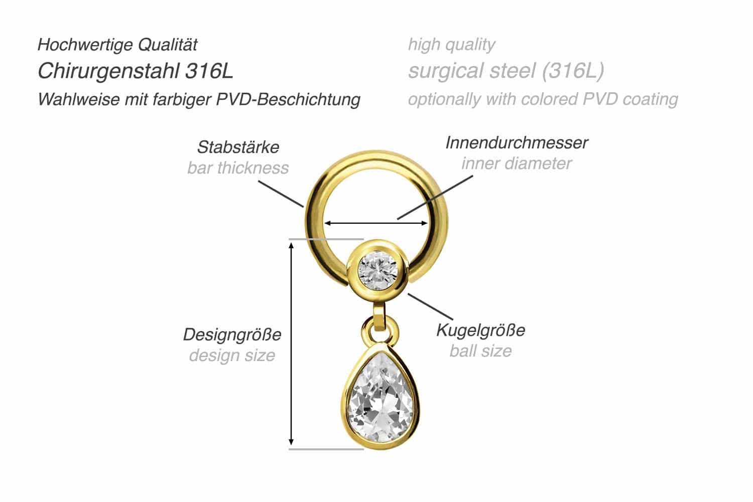 PIERCINGLINE Nasenpiercing Chirurgenstahl Klemmkugelring KRISTALLTROPFEN (Klemm-Ringe, 1-tlg)