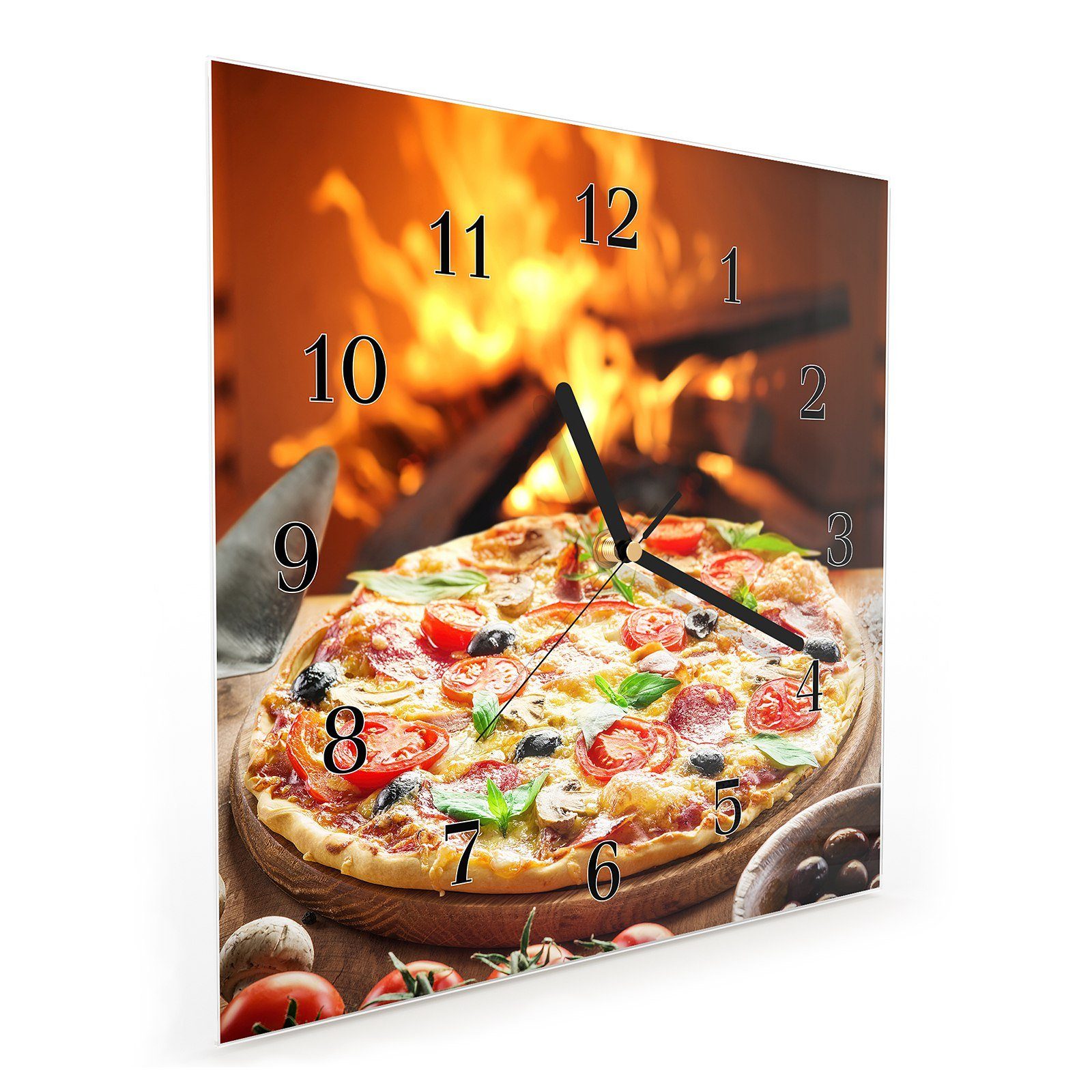 x Größe Holzofen cm 30 mit Pizza Wanduhr aus Wanduhr dem Primedeco 30 Glasuhr Motiv Wandkunst