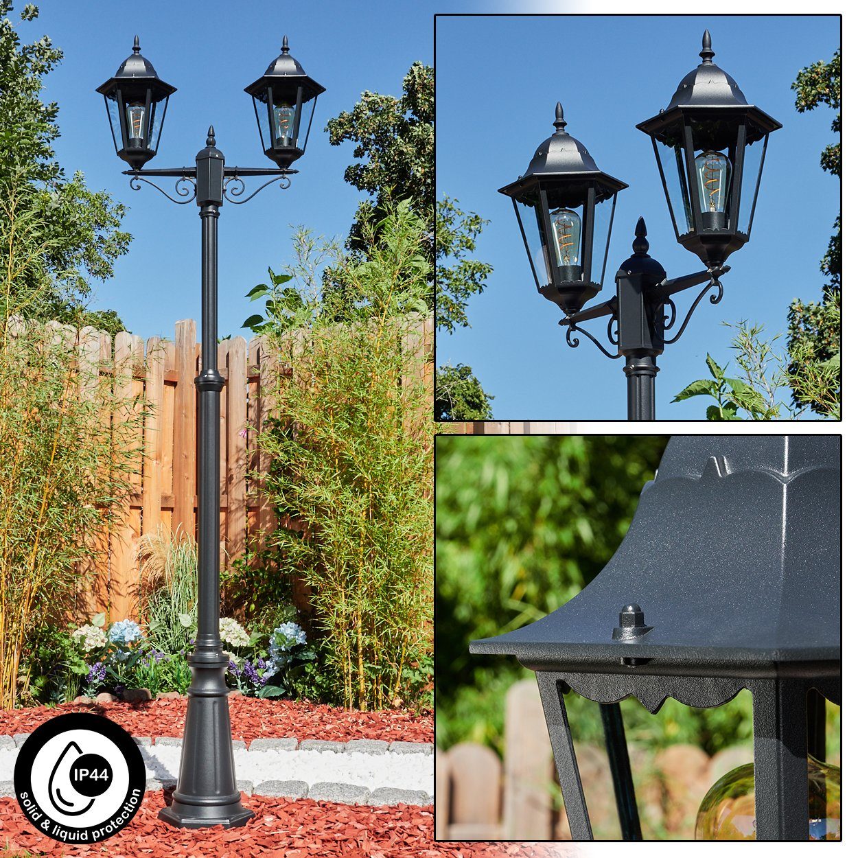 hofstein Außen-Stehlampe Wegeleuchte aus Metall/Glas in Schwarz/Klar, ohne Leuchtmittel, Kandelaber, Gartenbeleuchtung IP44, 2x E27, ohne Leuchtmittel