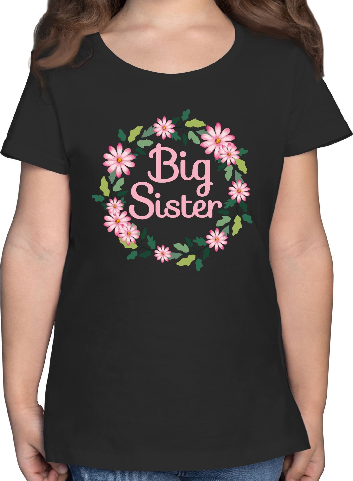 T-Shirt Big Sister Shirtracer 3 Schwarz mit Blumenkranz Geschwister Geschenk Schwester