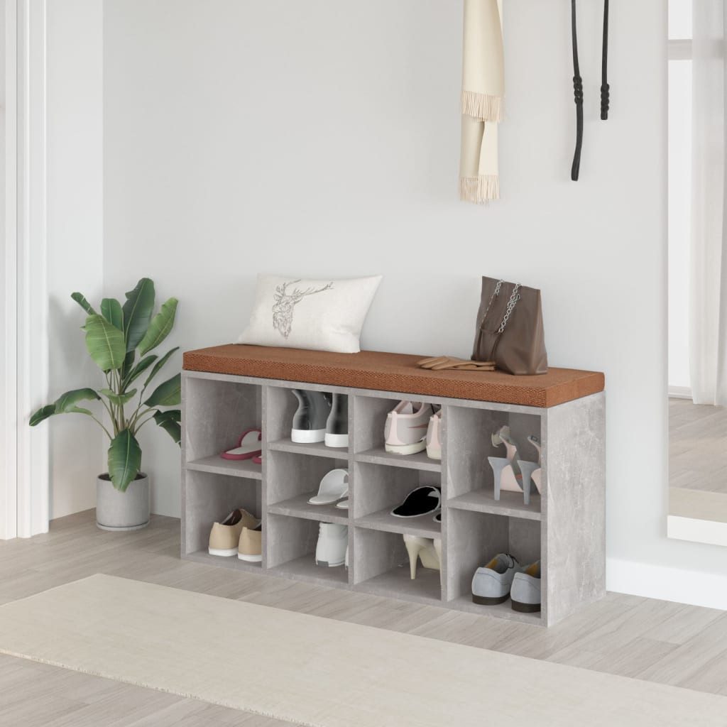 furnicato Schuhbank Betongrau 103 x 30 x 48 cm aus Holzwerkstoff mit Polster, Gepolsterte Sitzbank mit 10 Fächern für Stauraum im Flur oder Wohnraum