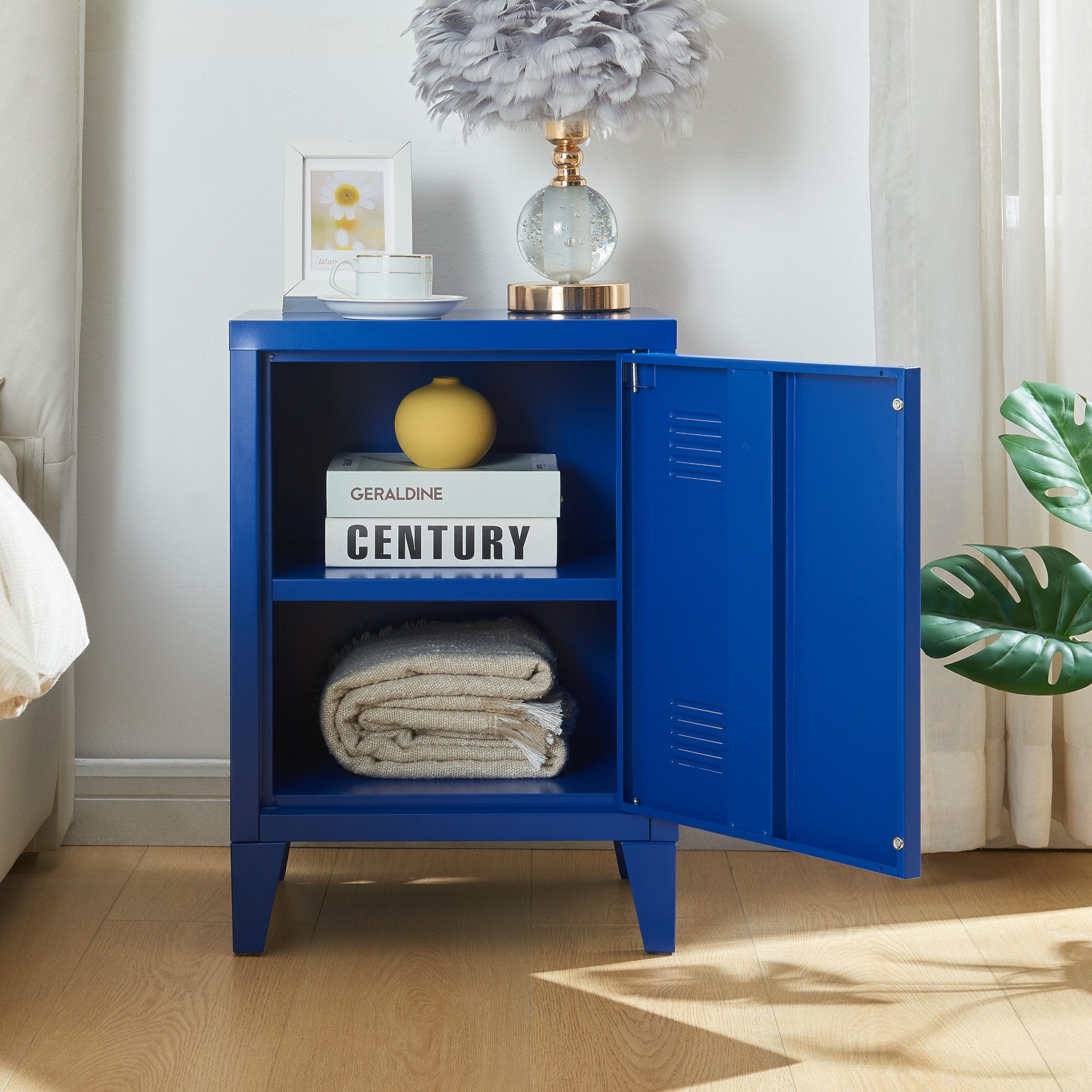 en.casa Nachtschrank (1-St) »Inari« mit Türgriff links Stahl 57 x 40 x 30 cm Blau