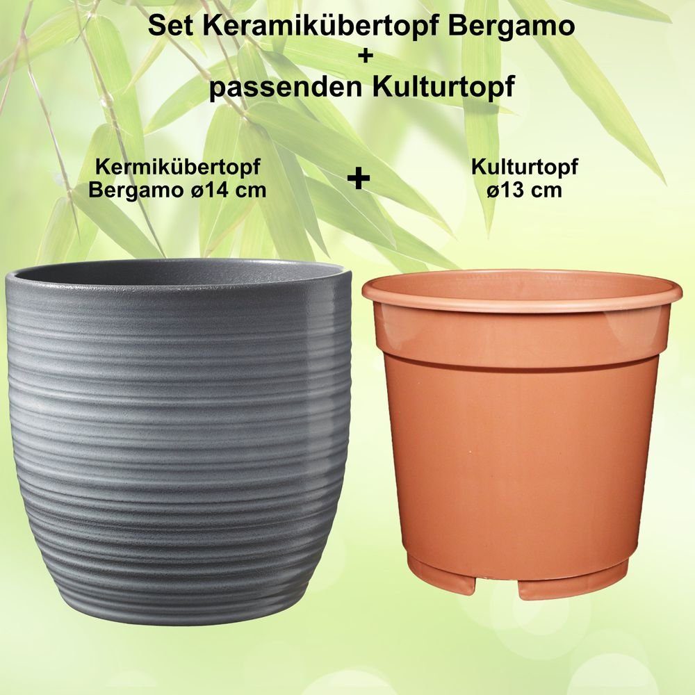 Heimwerkercenter Übertopf Set - Keramikübertopf Bergamo ø14 cm, hellgrau + Kulturtopf ø13 – Bild 2 von 5