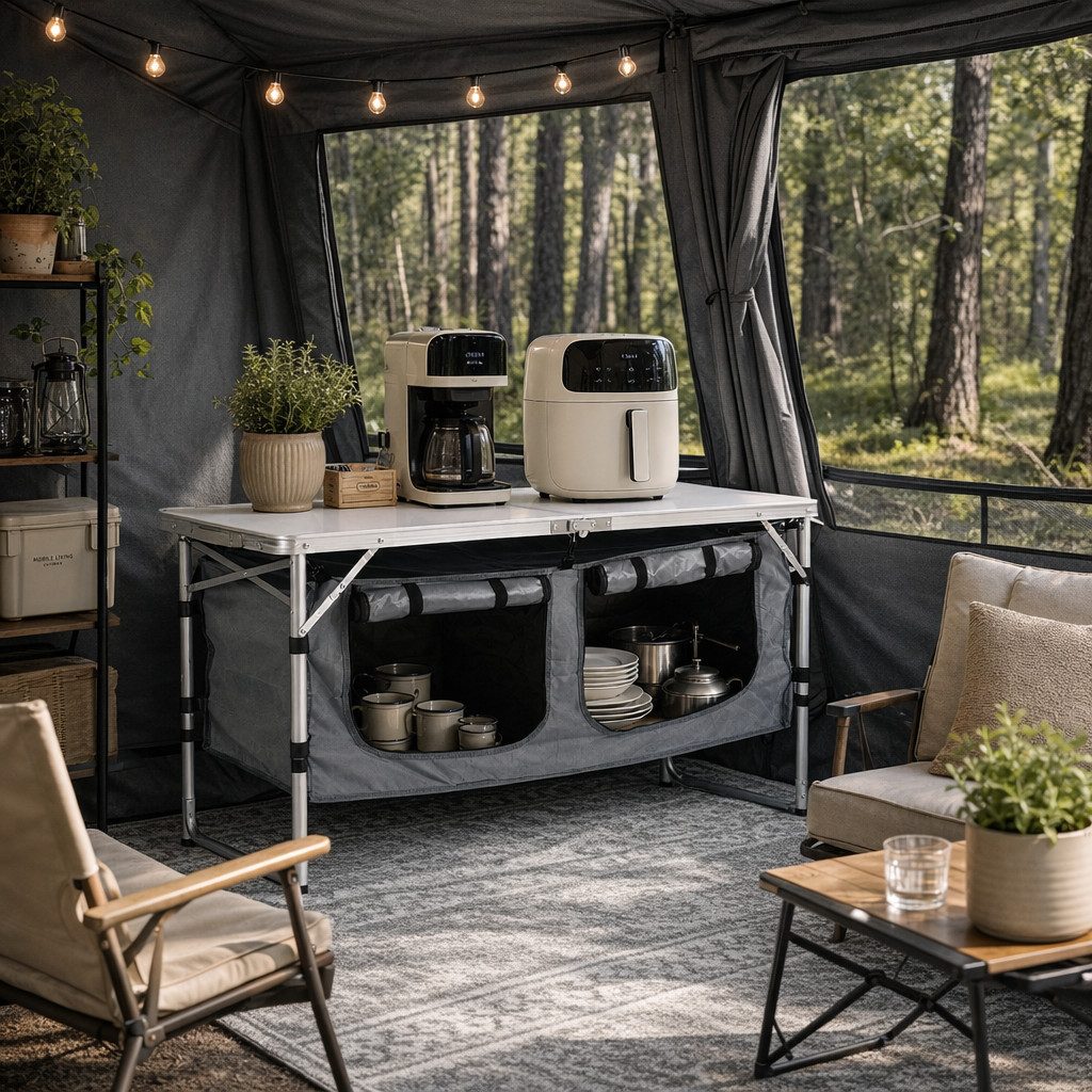 Sekey Campingtisch 120 cm Faltbar Campingtisch Höhenverstellbar Campingschrank Klappbar, Outdoor Campingküche mit Stauraum, inkl.Tragetasche 120 x 47 x 54–70cm